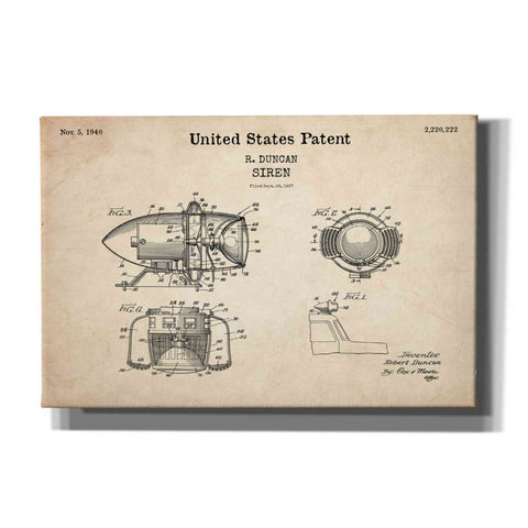 Image of 'Siren Blueprint Patent Parchment,' Canvas Wall Art
