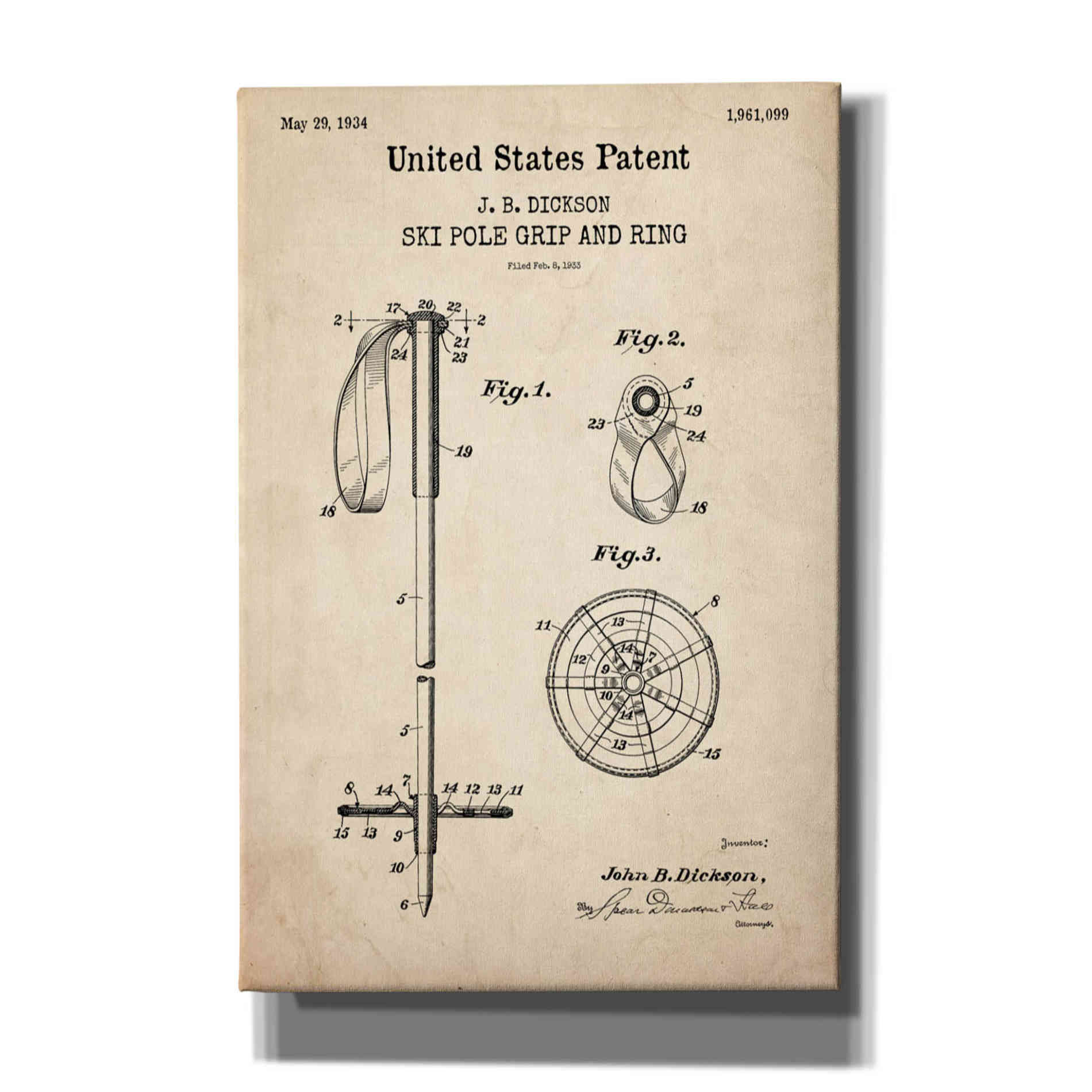 'Ski Pole Grip and Ring Blueprint Patent Parchment,' Canvas Wall Art