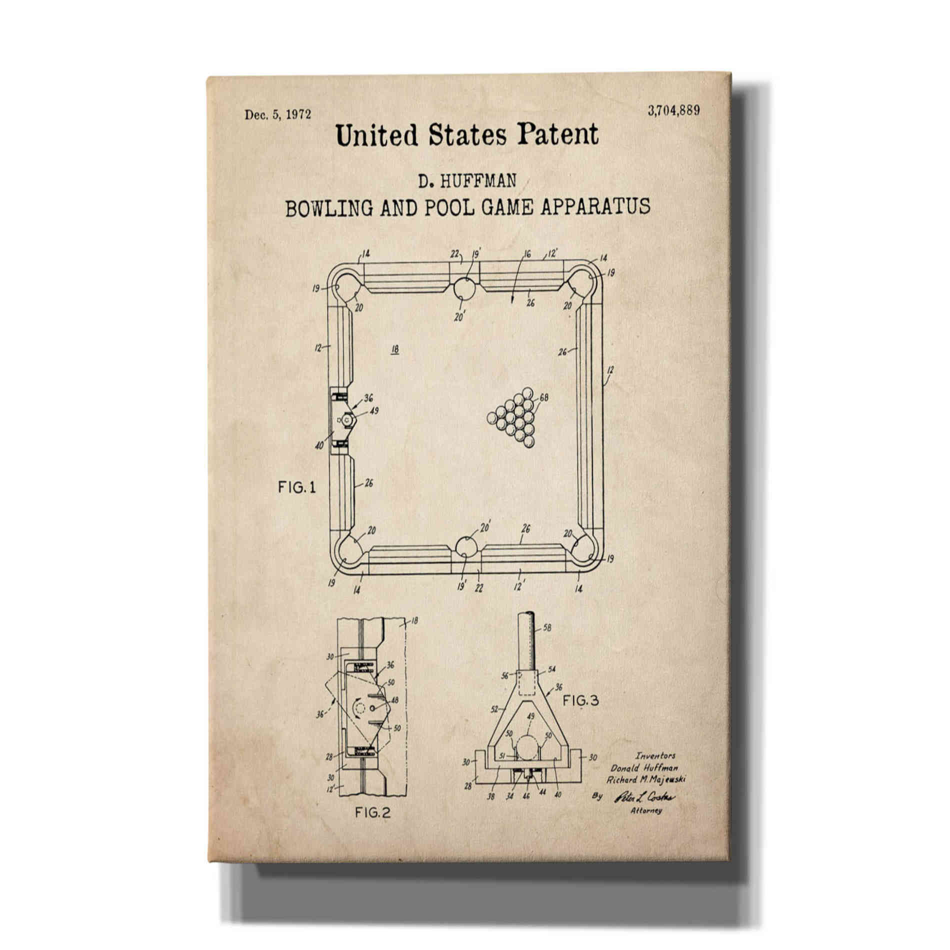 'Bowling and Pool Game Apparatus Blueprint Patent Parchment,' Canvas Wall Art