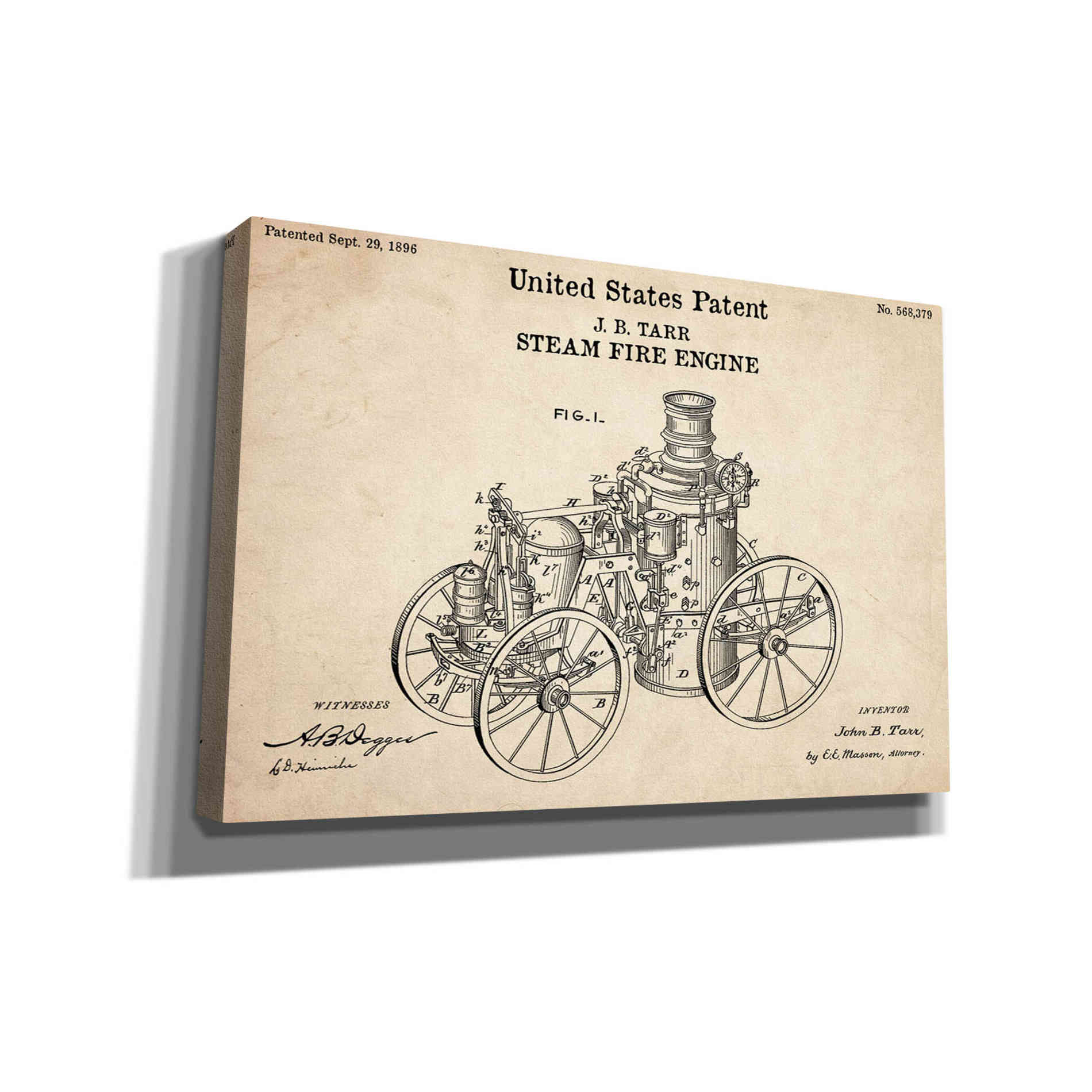 'Steam Fire Engine Blueprint Patent Parchment,' Canvas Wall Art