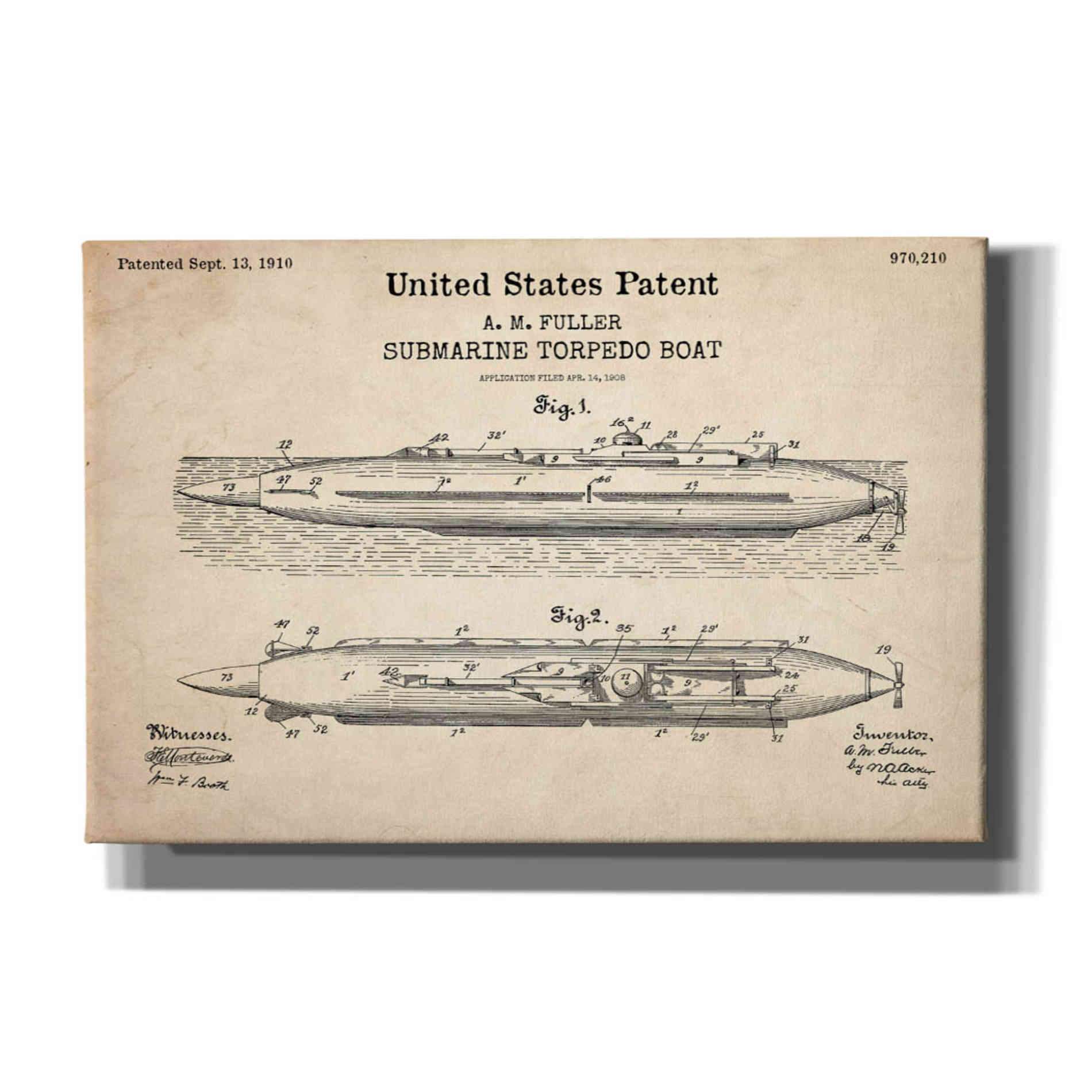 'Submarine Torpedo Boat Blueprint Patent Parchment,' Canvas Wall Art