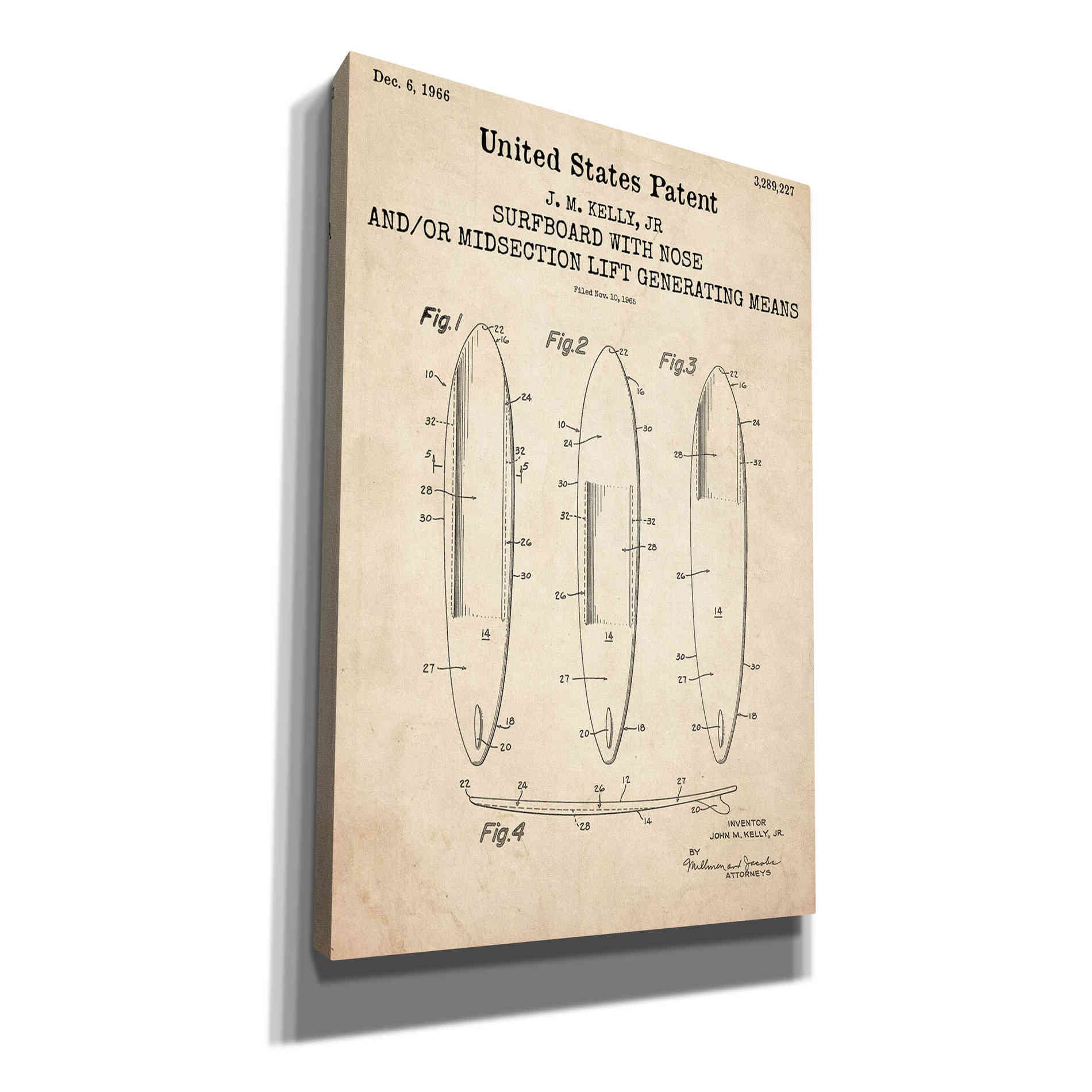 'Surfboard with nose Blueprint Patent Parchment,' Canvas Wall Art