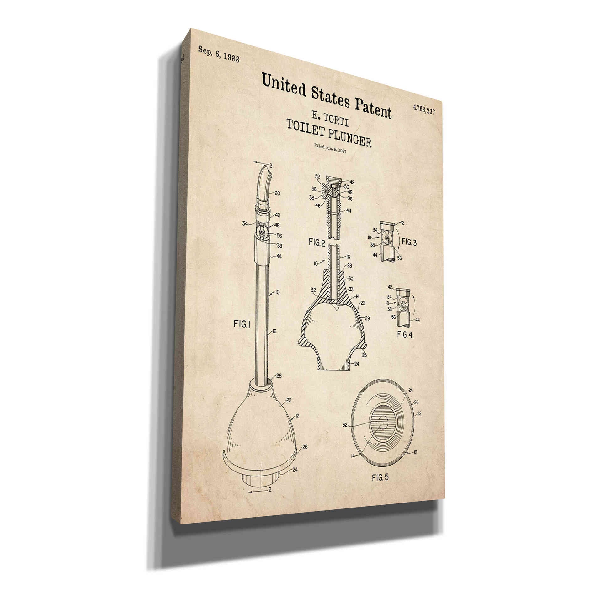 'Toilet Plunger Blueprint Patent Parchment,' Canvas Wall Art