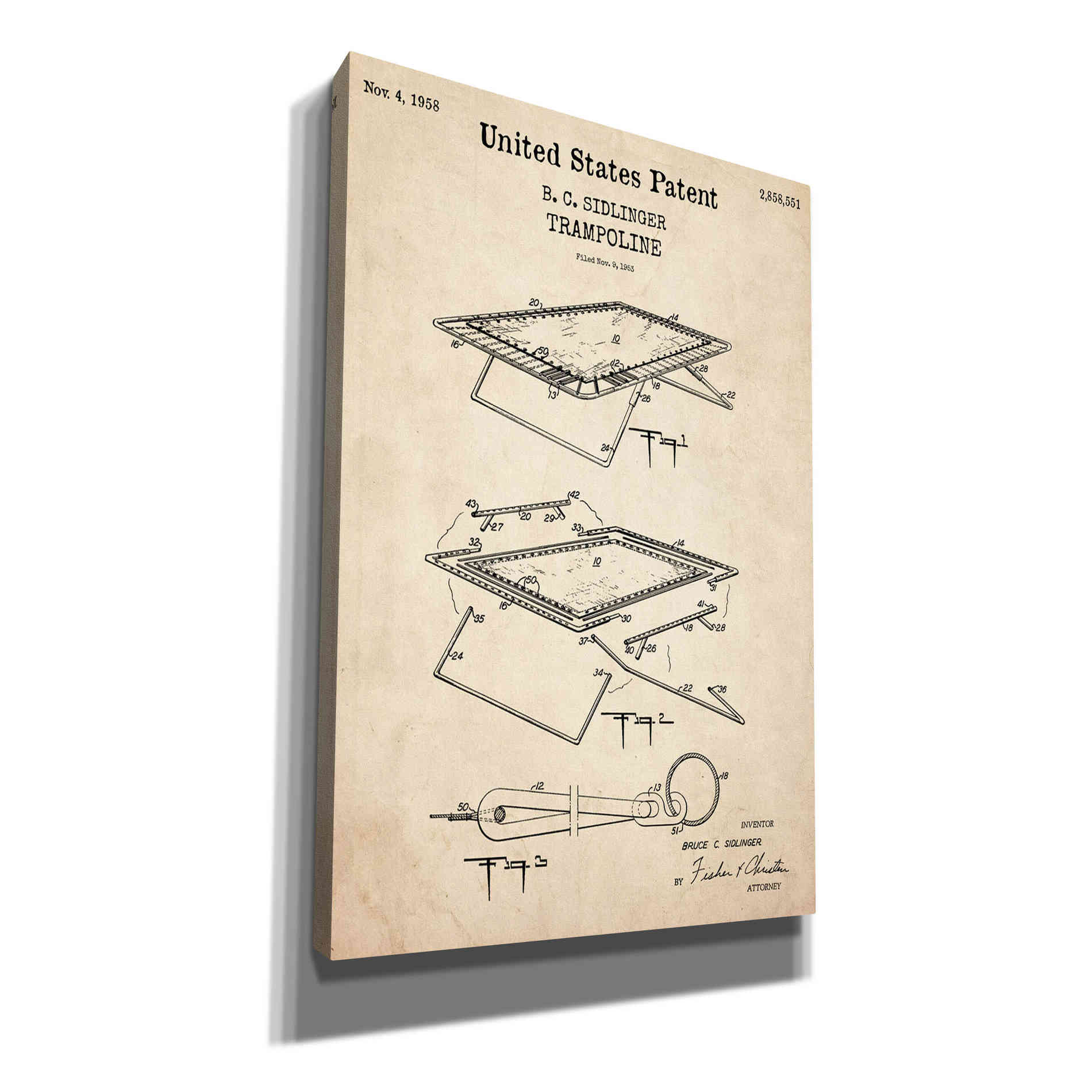'Trampoline Blueprint Patent Parchment,' Canvas Wall Art