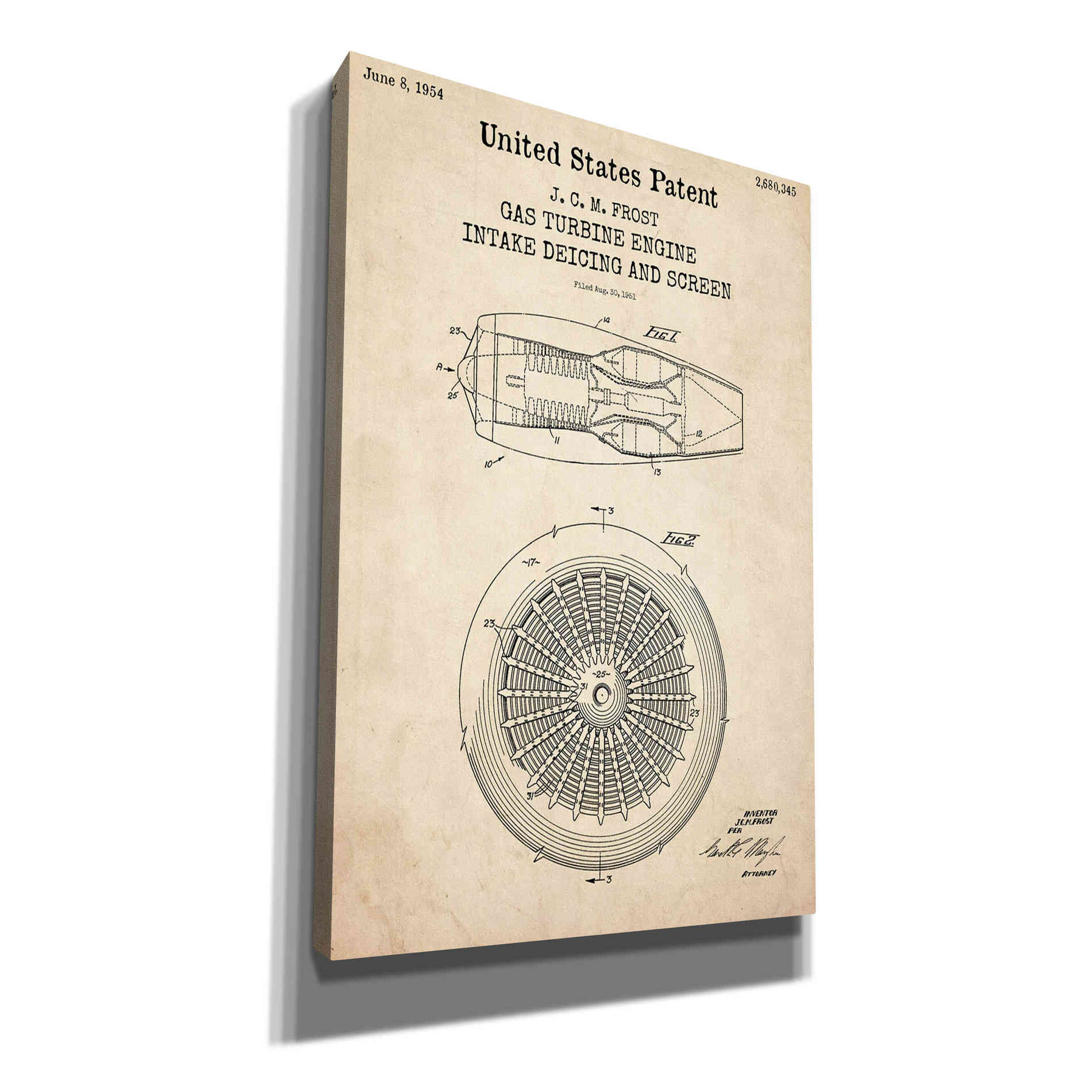 'Gas Turbine Engine Blueprint Patent Parchment,' Canvas Wall Art