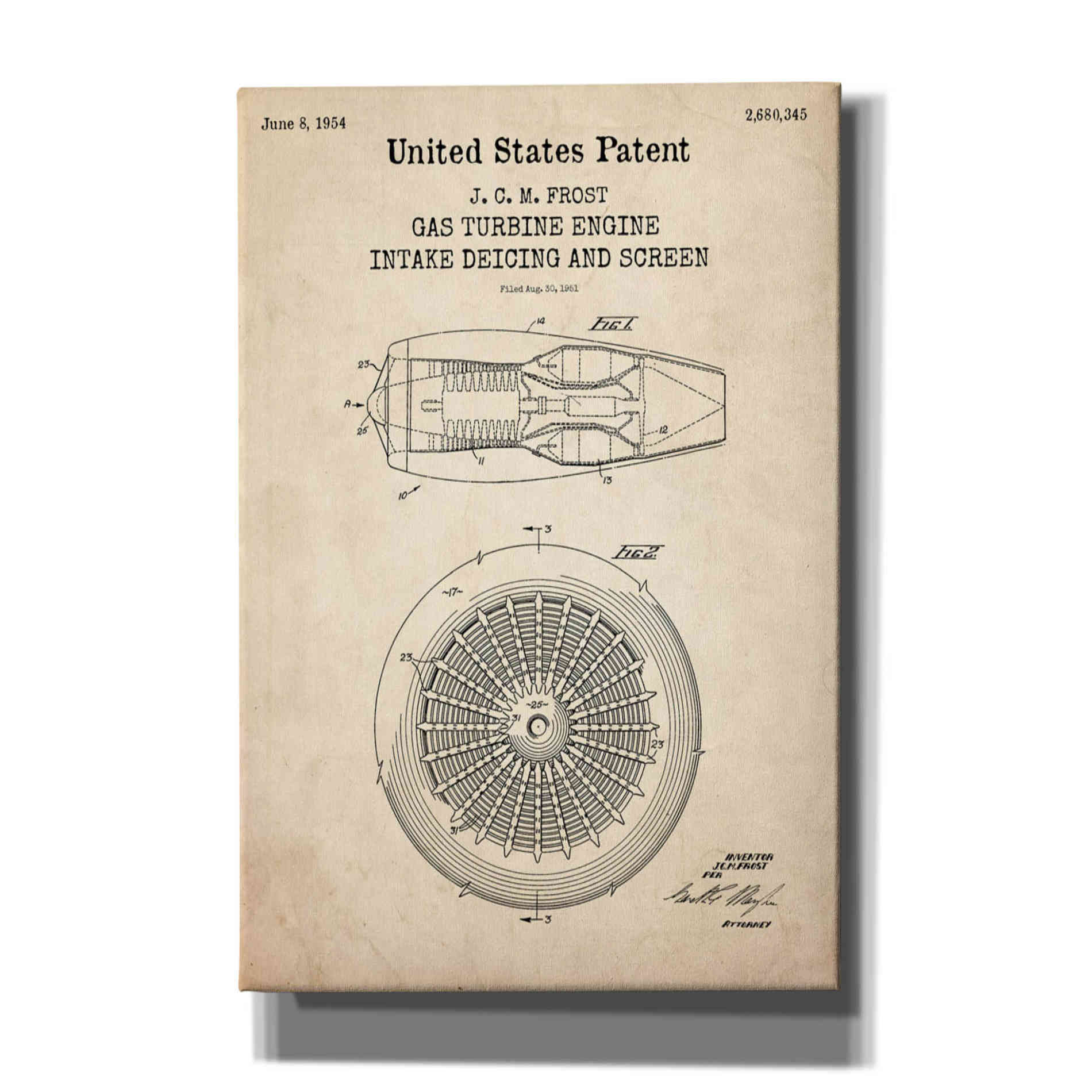 'Gas Turbine Engine Blueprint Patent Parchment,' Canvas Wall Art