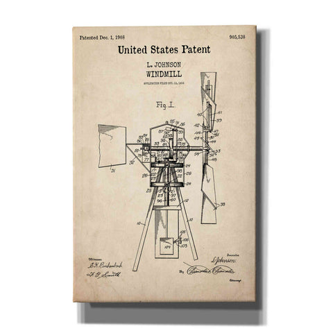 Image of 'Windmill Blueprint Patent Parchment,' Canvas Wall Art