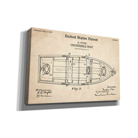 Image of 'Unsinkable Boat Blueprint Patent Parchment,' Canvas Wall Art