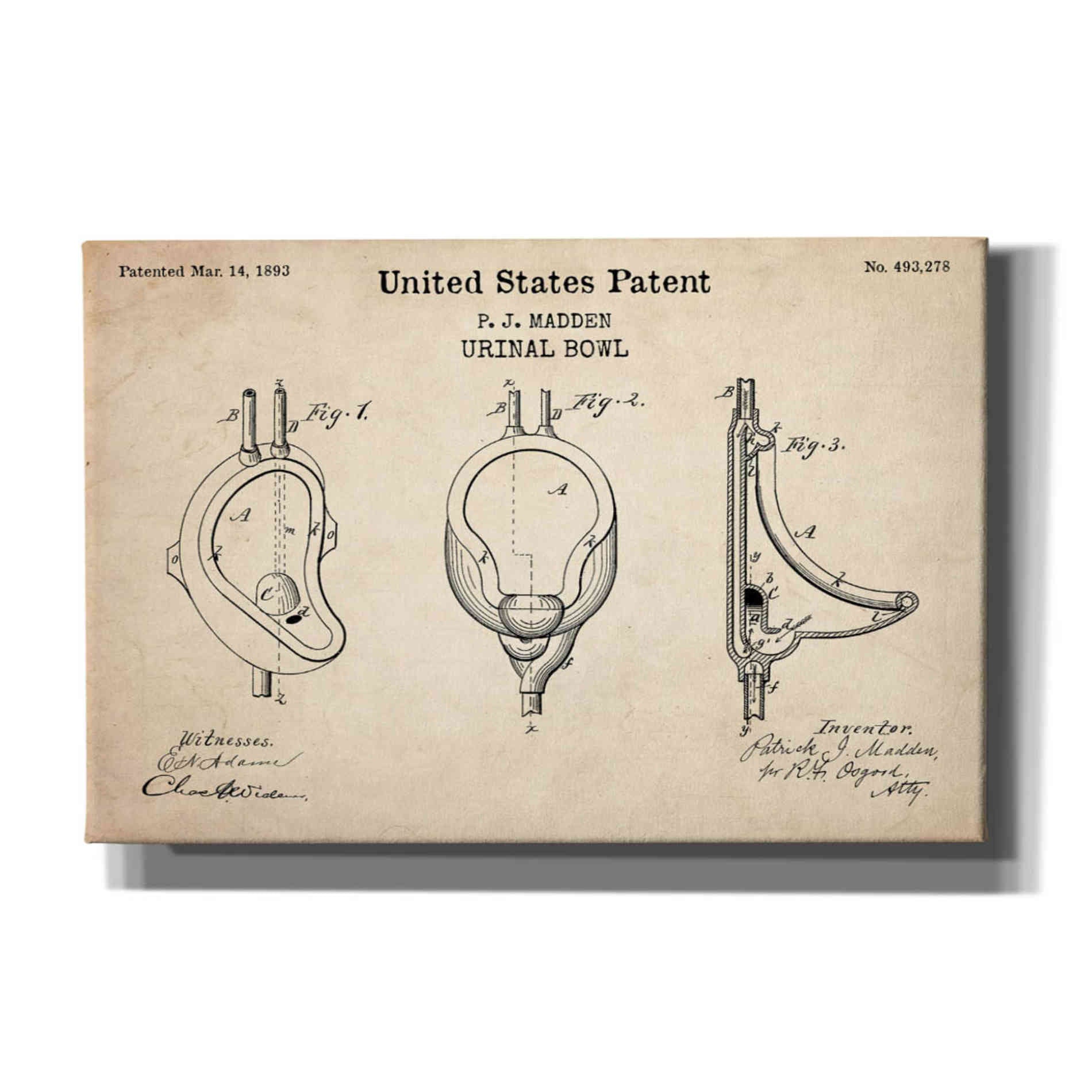 'Urinal Blueprint Patent Parchment,' Canvas Wall Art