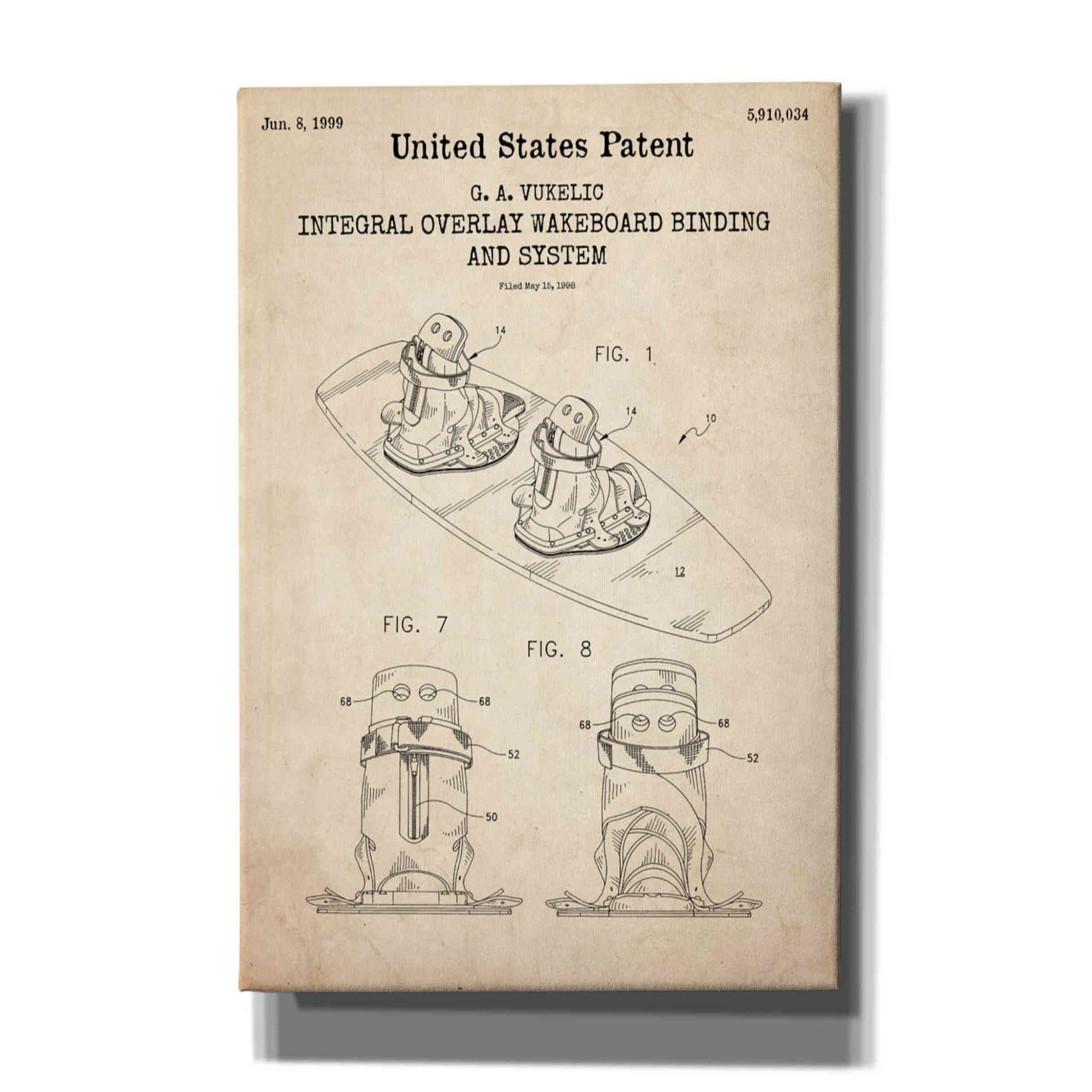 'Integral Overlay Wakeboard Binding and System Blueprint Patent Parchment,' Canvas Wall Art