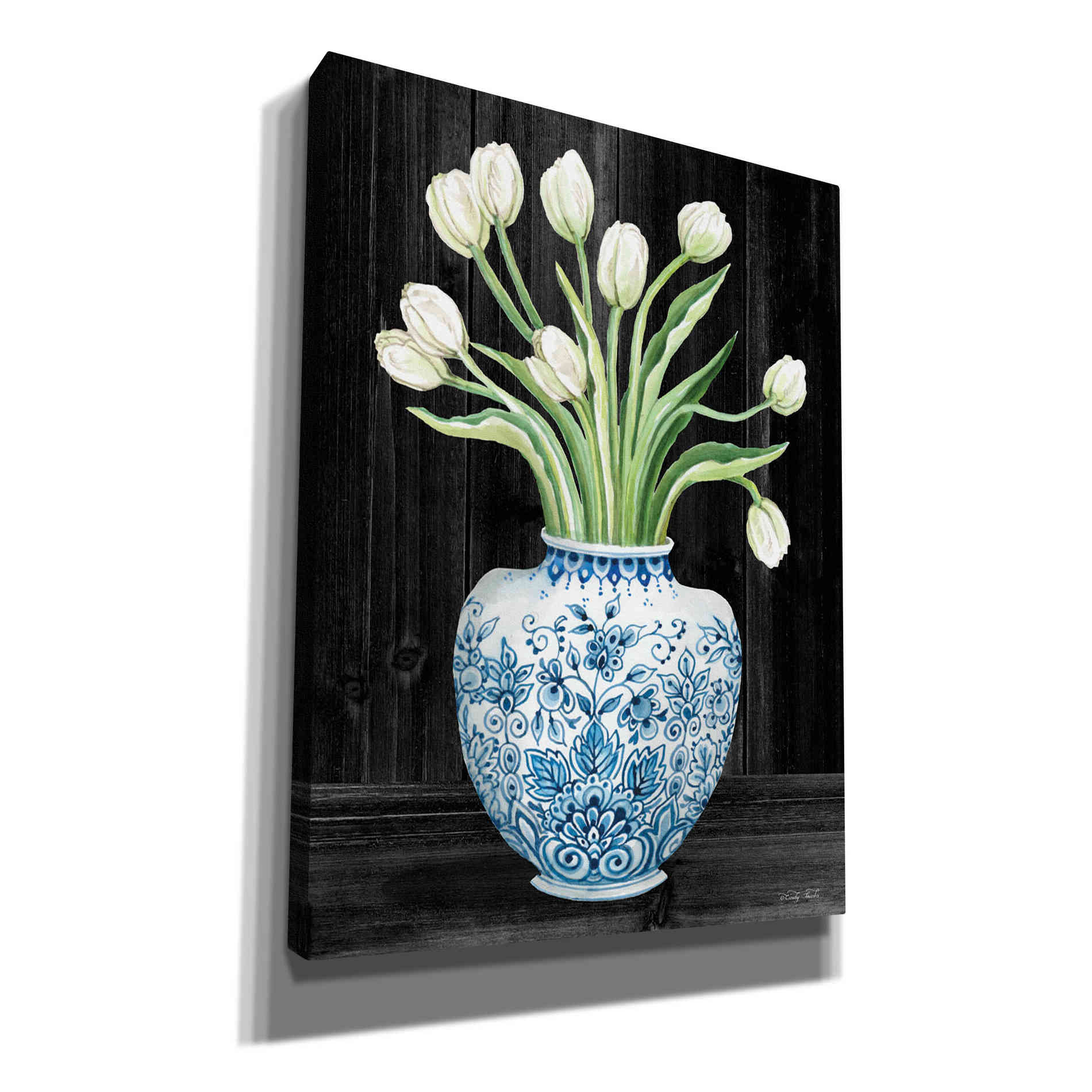 'Blue and White Tulips Black I' by Cindy Jacobs, Canvas Wall Art