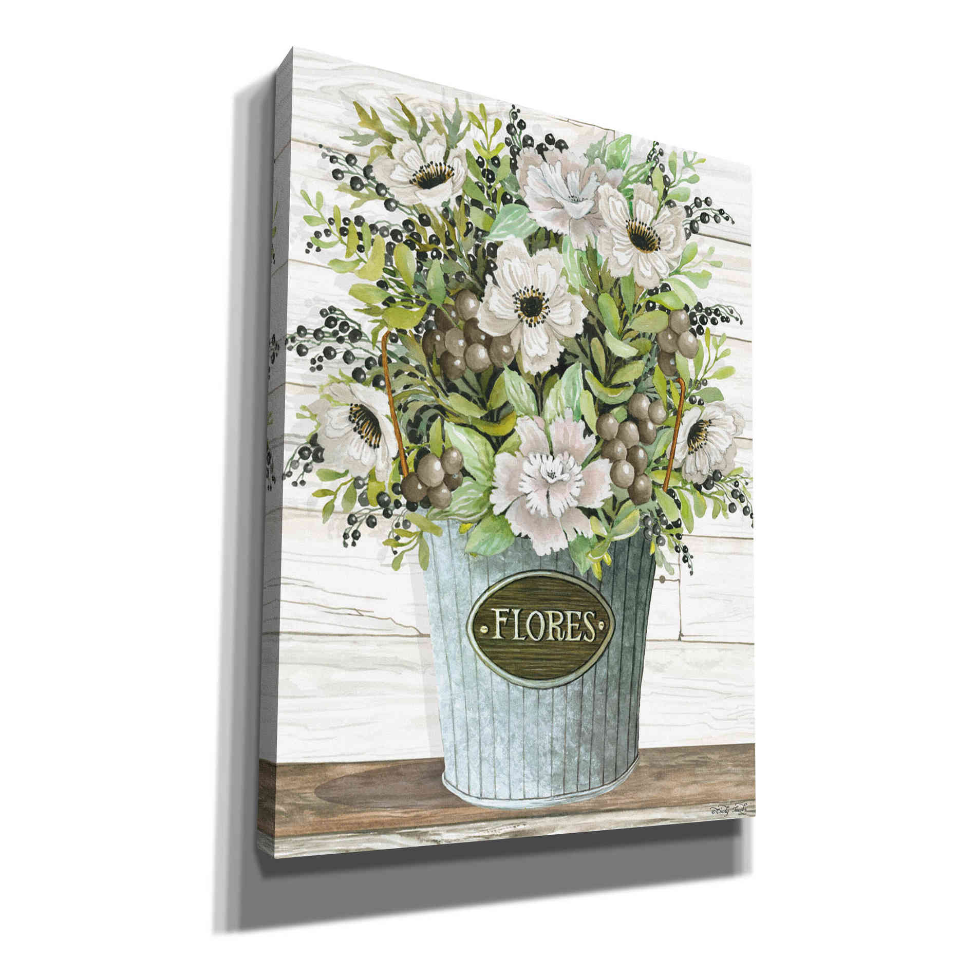 'Flores Galvanized Bucket' by Cindy Jacobs, Canvas Wall Art