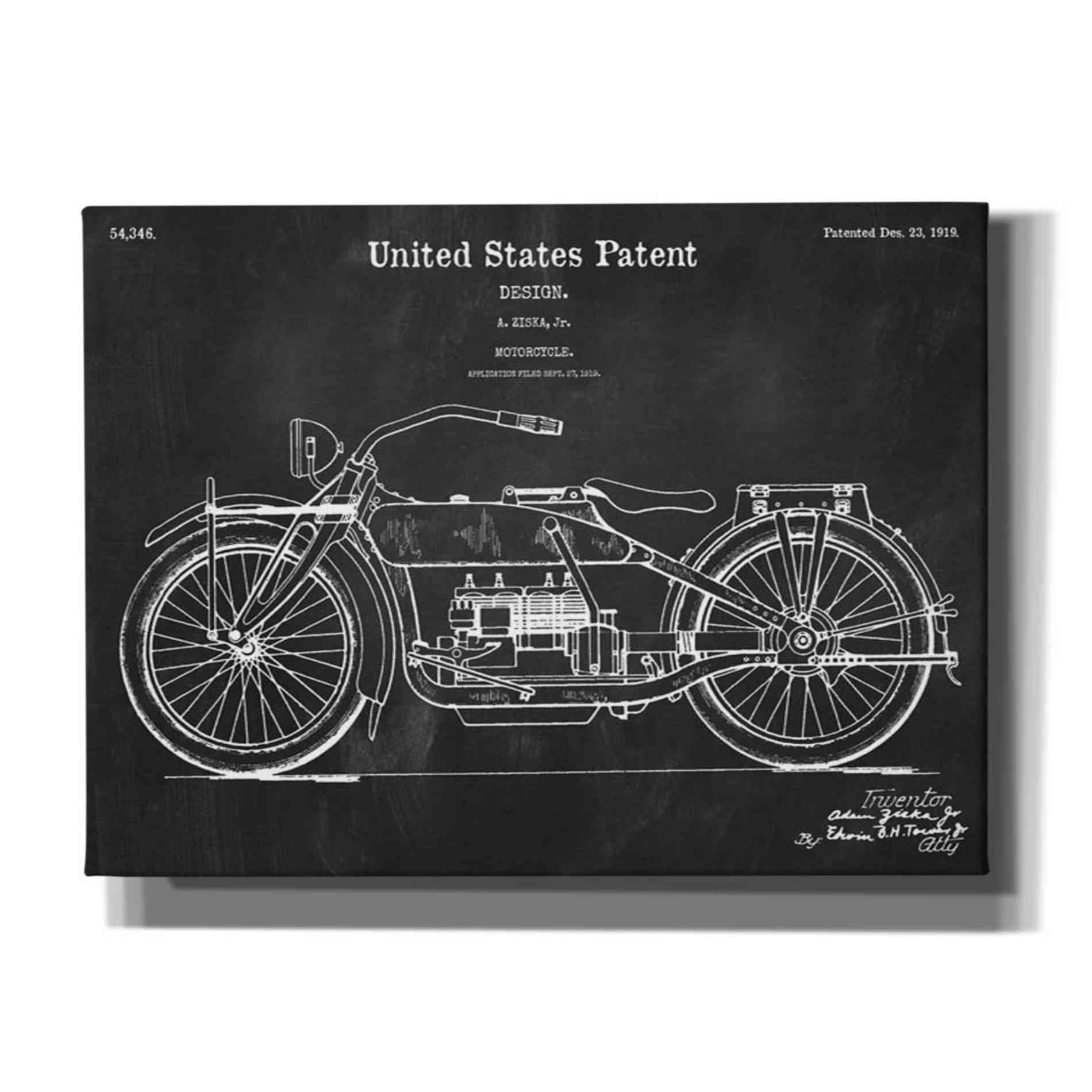 'Vintage Motorcycle Blueprint Patent Chalkboard' Canvas Wall Art,Size A Landscape