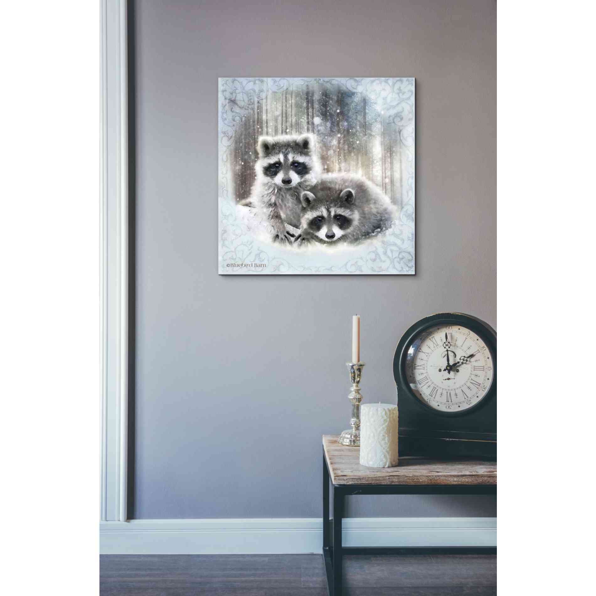 'Enchanted Winter Raccoons' by Bluebird Barn, Canvas Wall Art,18 x 18