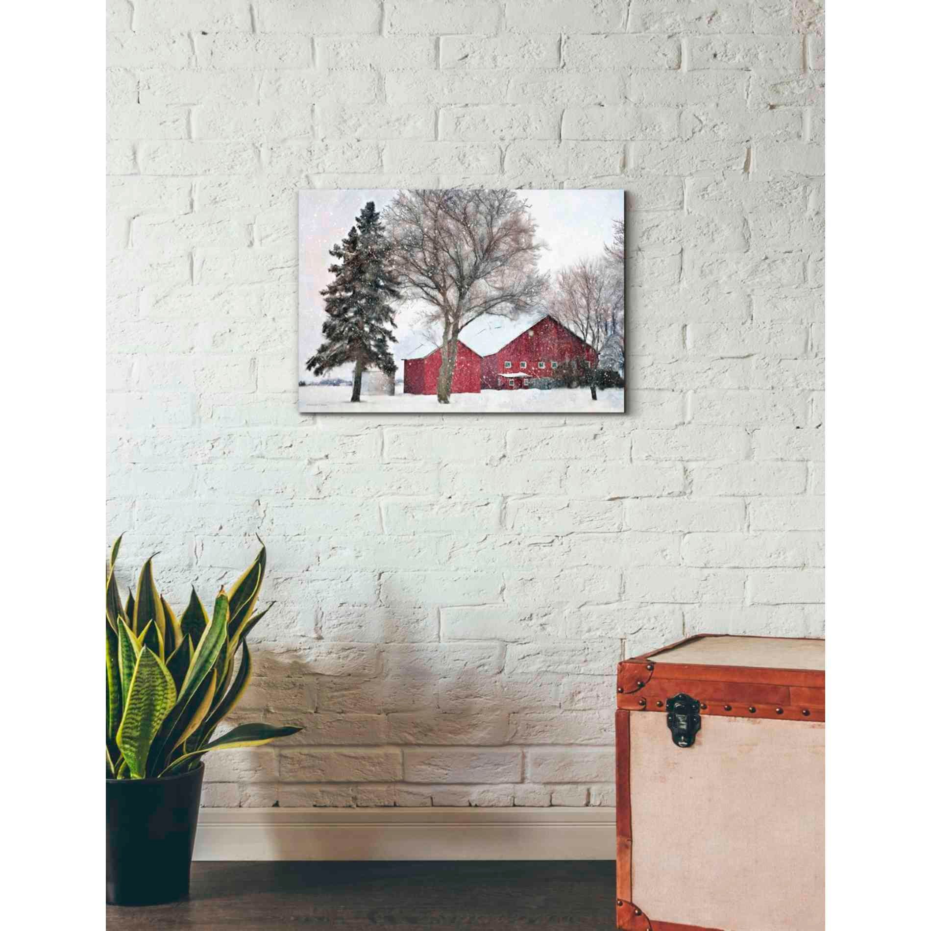 'Snowy Barn' by Bluebird Barn, Canvas Wall Art,26 x 18