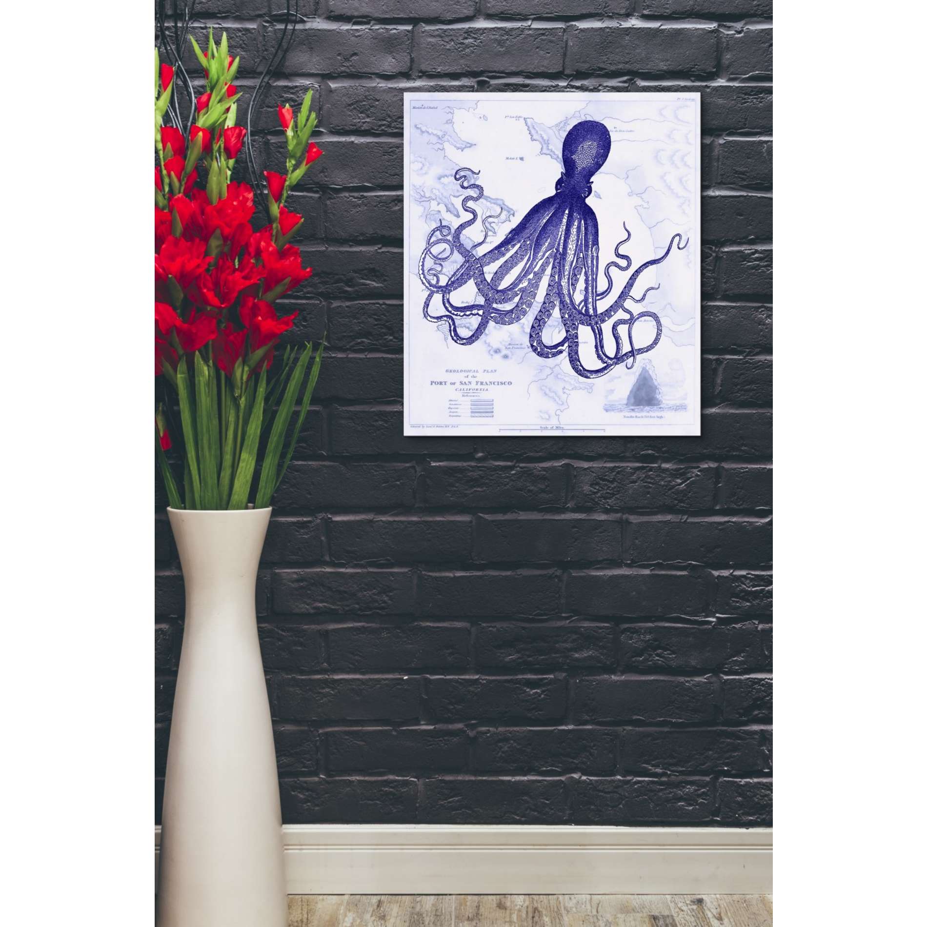 'Blue Octopus 1 on Nautical Map,' by Fab Funky, Giclee Canvas Wall Art