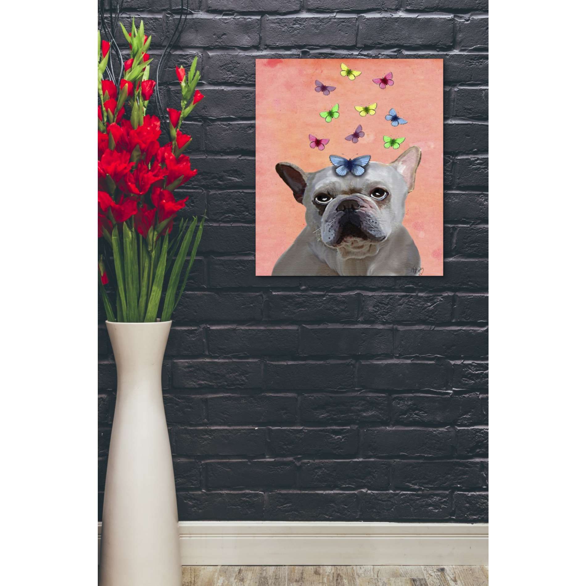 'White French Bulldog and Butterflies' by Fab Funky, Giclee Canvas Wall Art