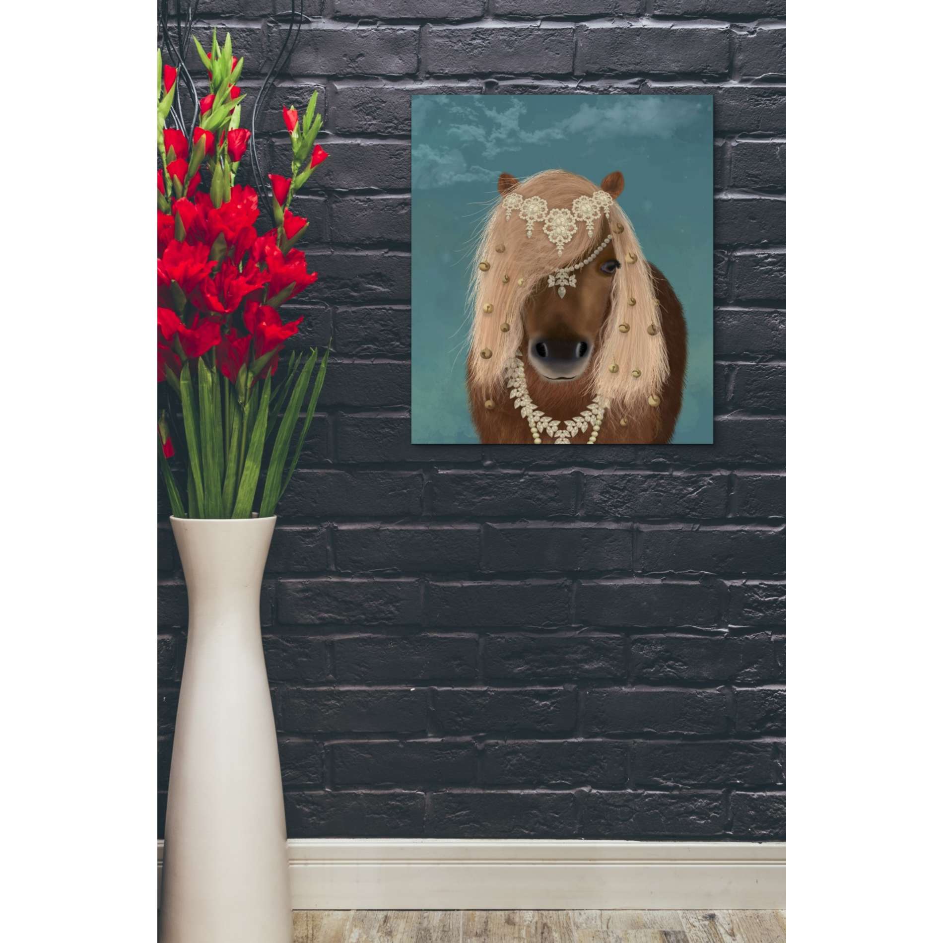 'Horse Brown Pony with Bells, Portrait' by Fab Funky, Giclee Canvas Wall Art
