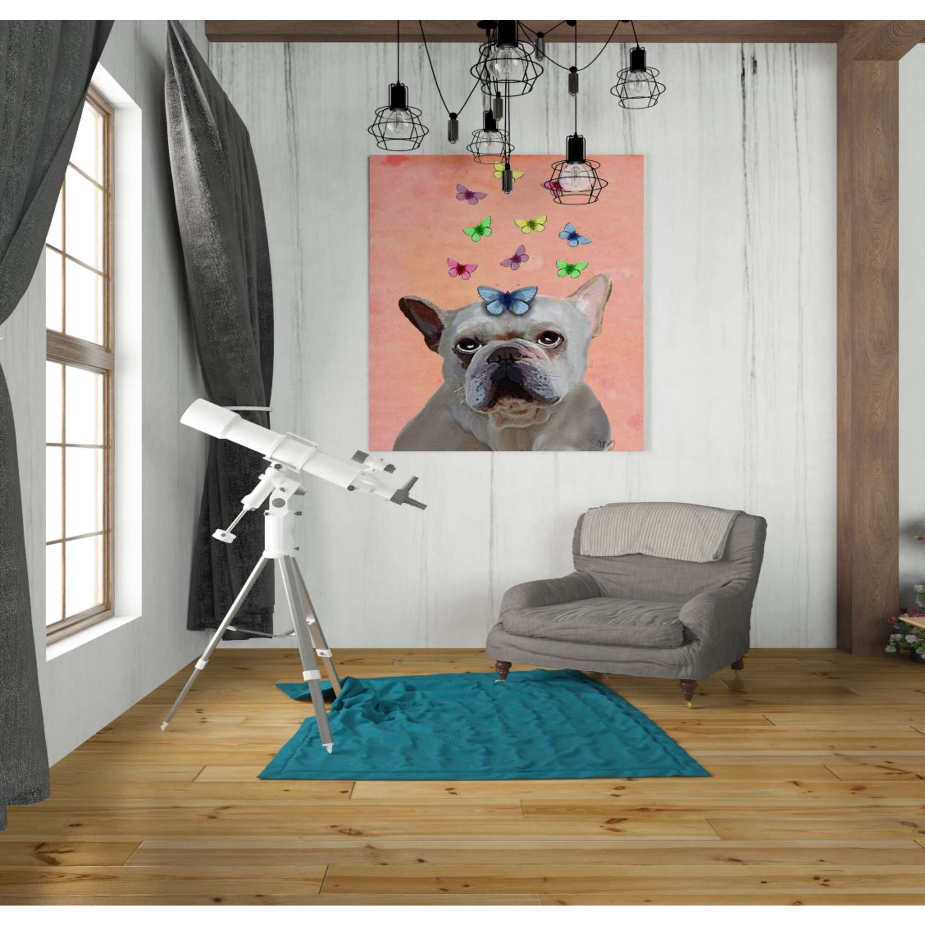 'White French Bulldog and Butterflies' by Fab Funky, Giclee Canvas Wall Art