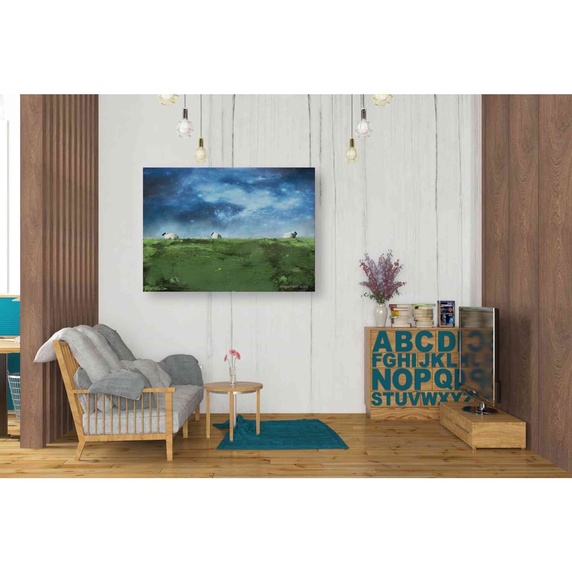 'Distant Hillside Sheep by Night' by Bluebird Barn, Canvas Wall Art,34 x 26