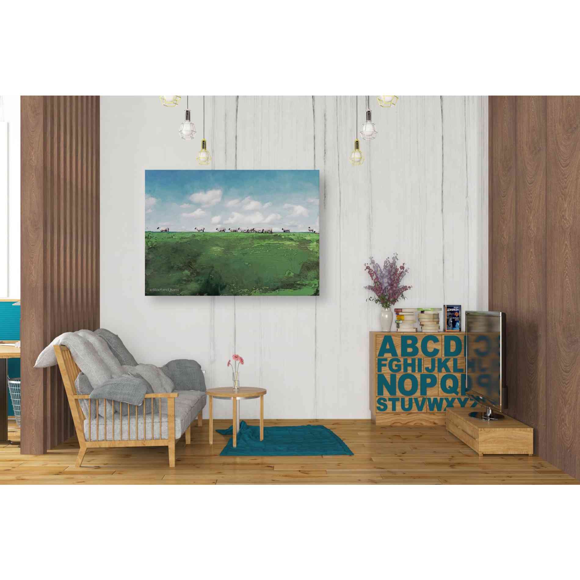 'Distant Hillside Sheep by Day' by Bluebird Barn, Canvas Wall Art,34 x 26