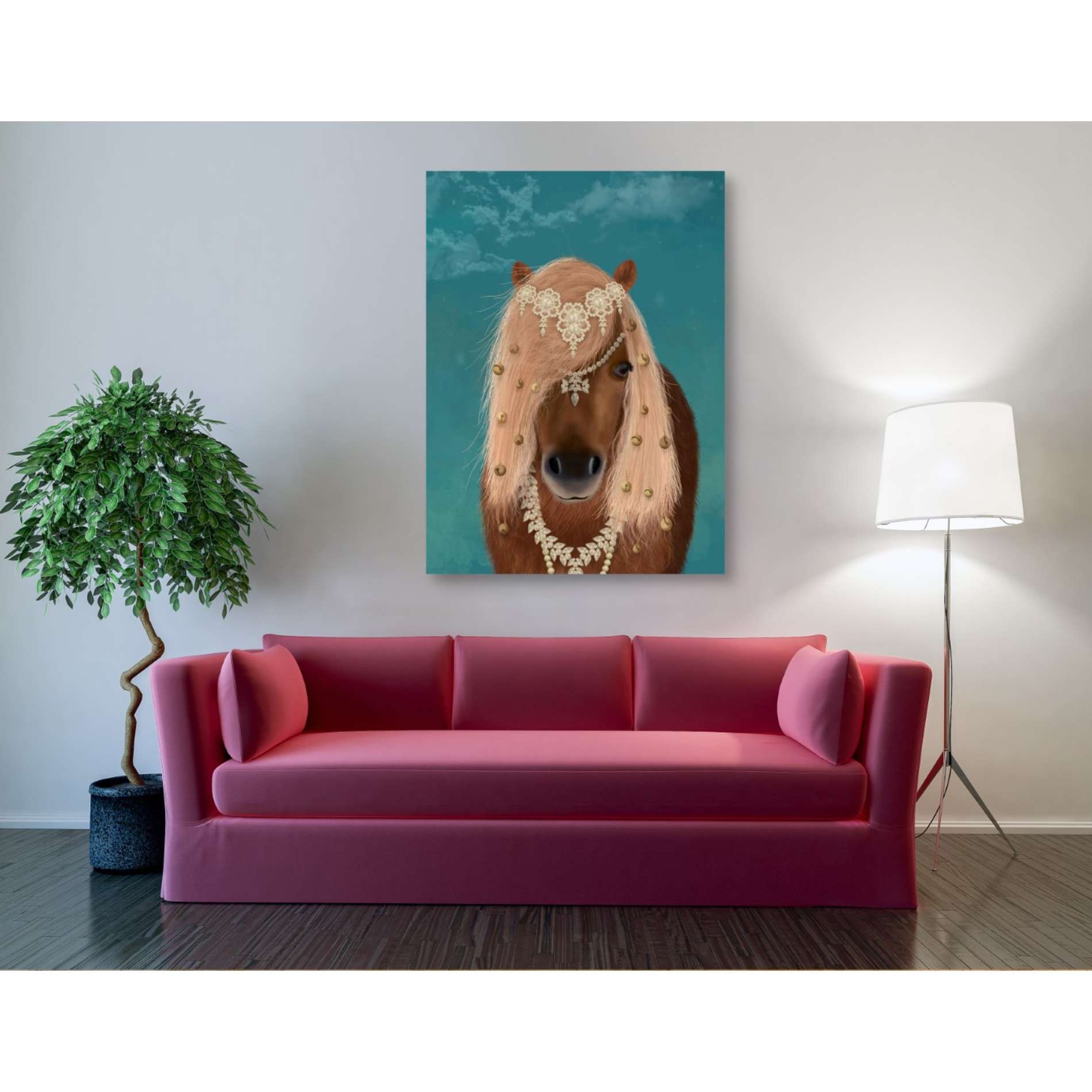 'Horse Brown Pony with Bells, Portrait' by Fab Funky, Giclee Canvas Wall Art