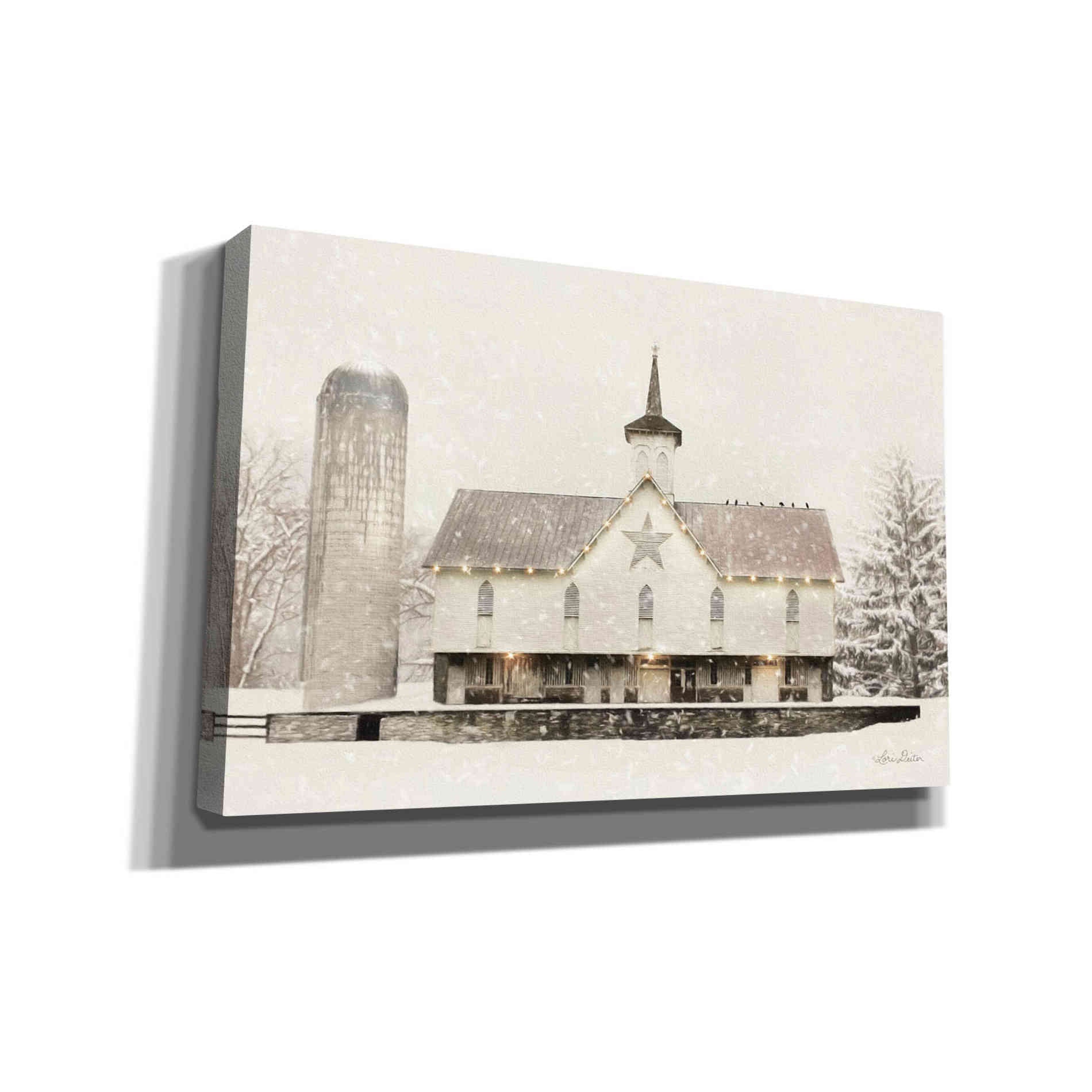 'Christmas Star Barn with Lights' by Lori Deiter, Canvas Wall Art,Size A Landscape