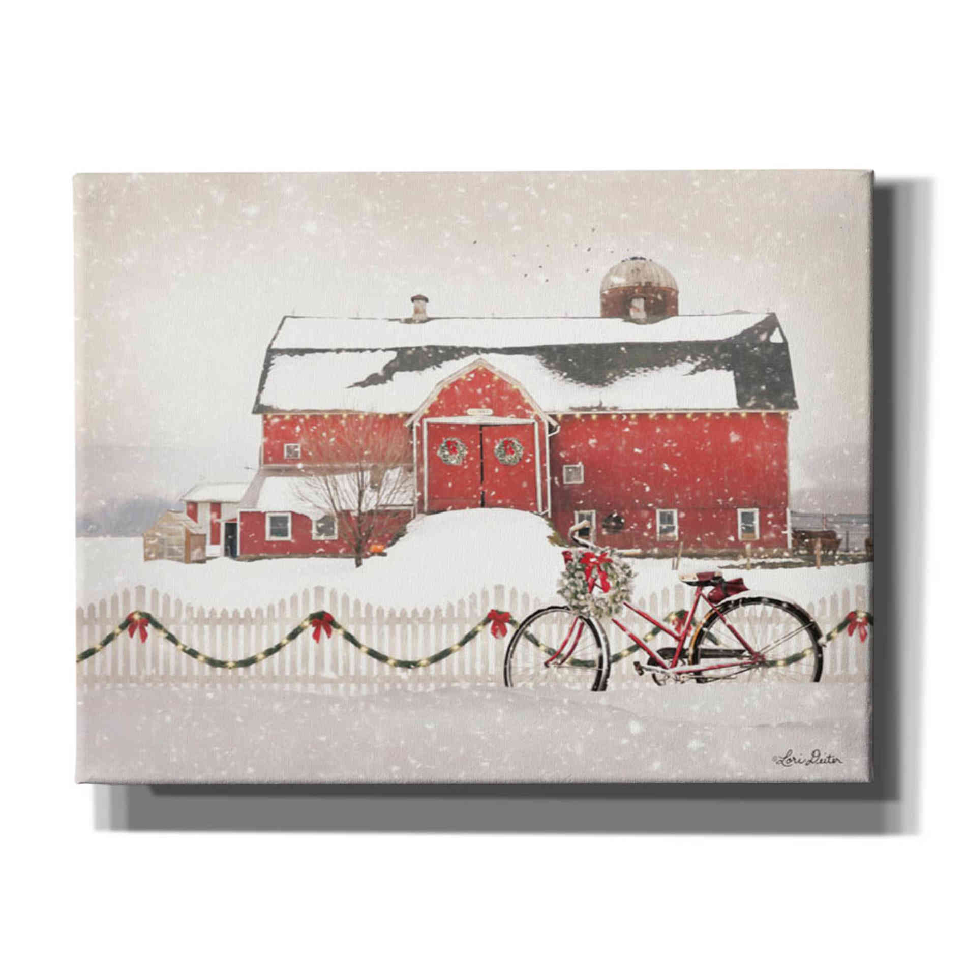 'Christmas Barn and Bike' by Lori Deiter, Canvas Wall Art,Size B Landscape