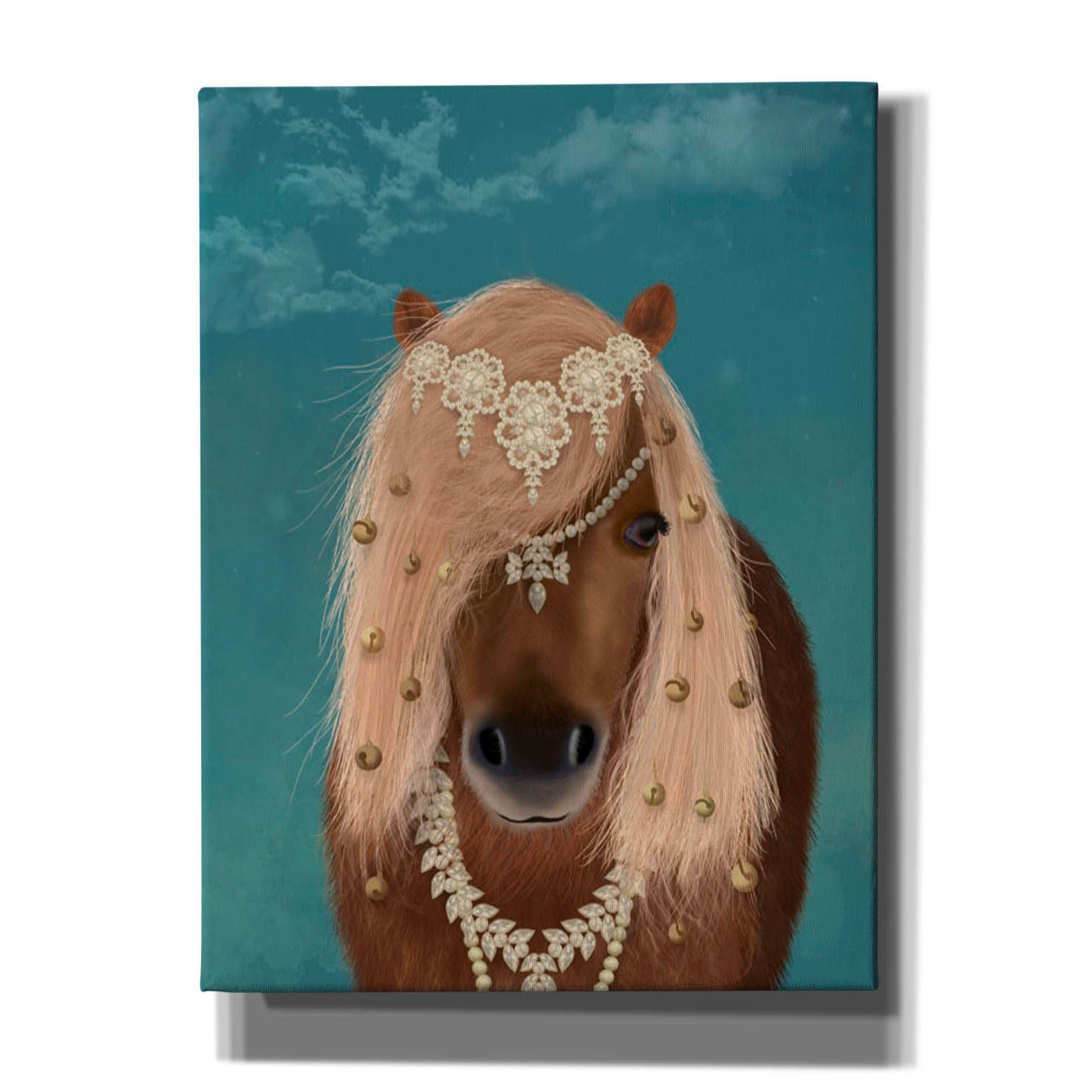 'Horse Brown Pony with Bells, Portrait' by Fab Funky, Giclee Canvas Wall Art