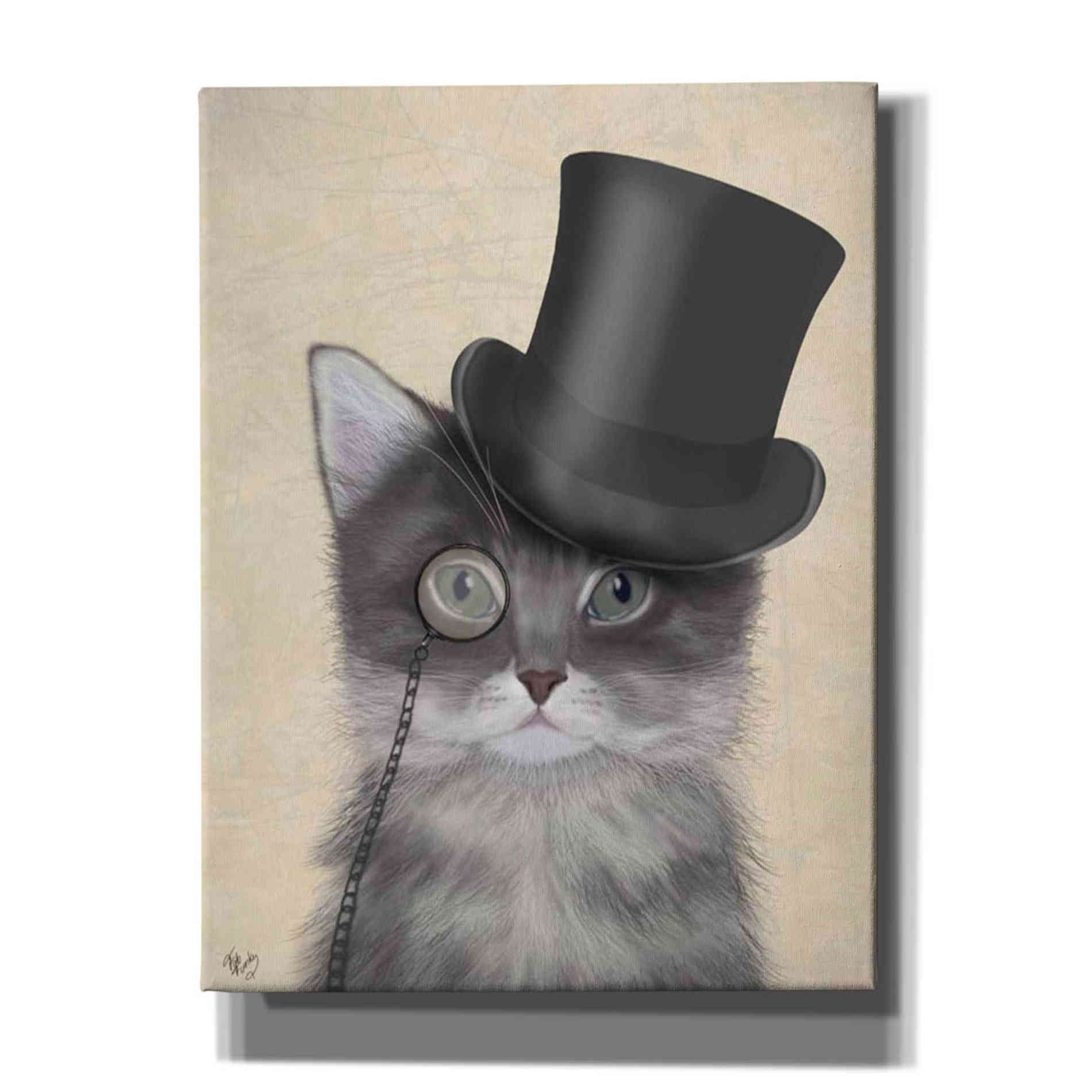 'Cat, Grey with Top Hat' by Fab Funky Giclee Canvas Wall Art