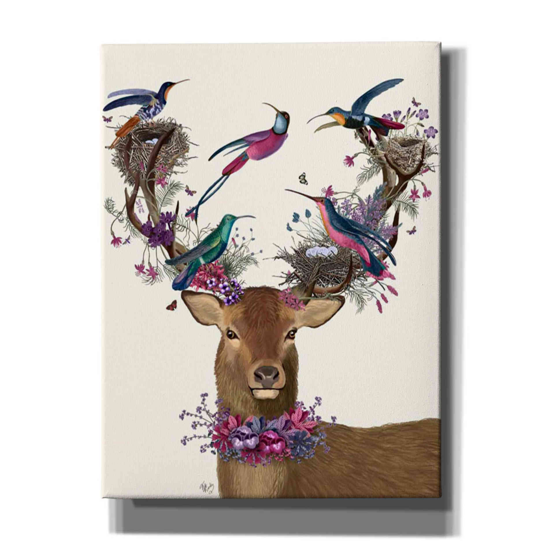 'Deer Birdkeeper, Tropical Bird Nests' by Fab Funky Giclee Canvas Wall Art