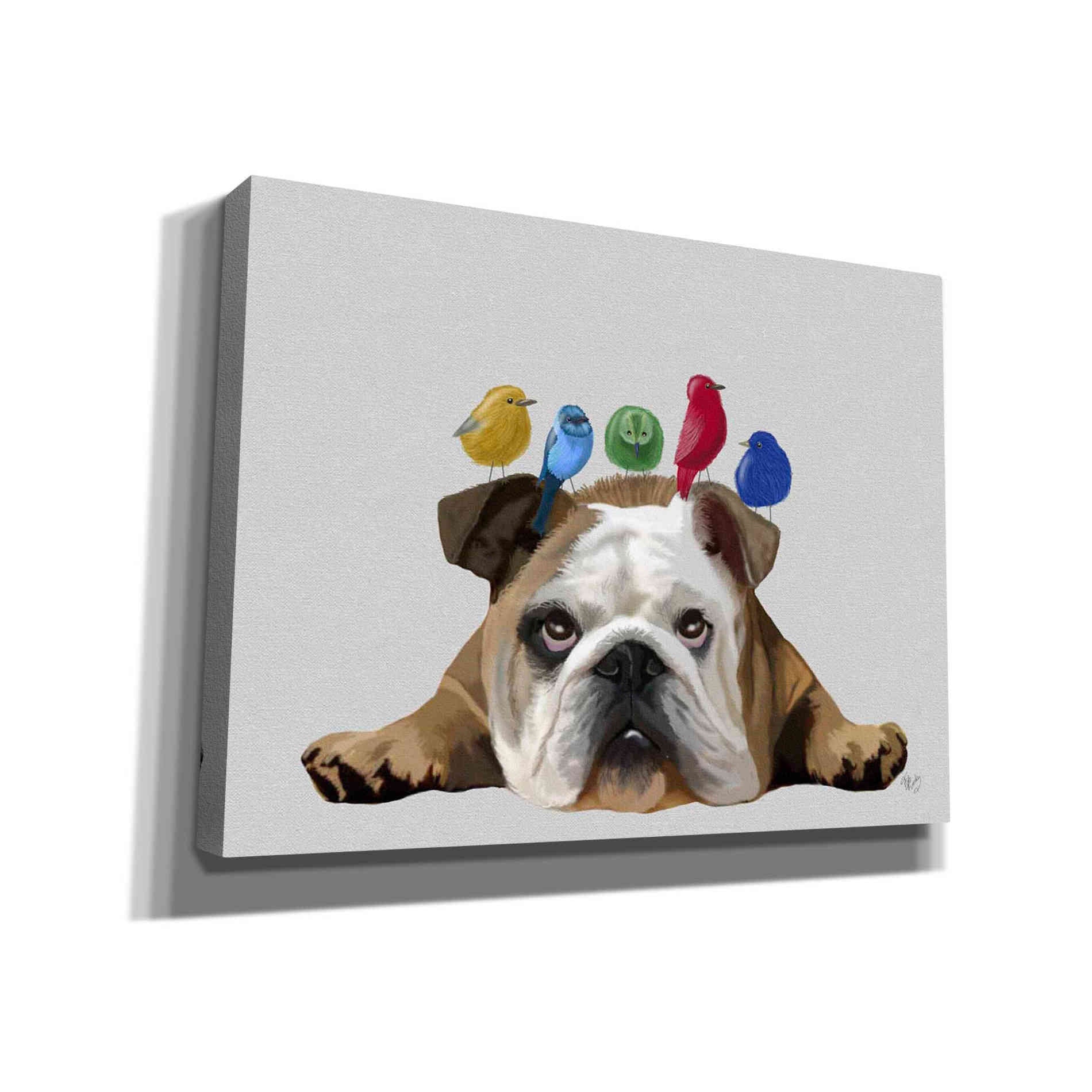 'English Bulldog and Birds' by Fab Funky Giclee Canvas Wall Art