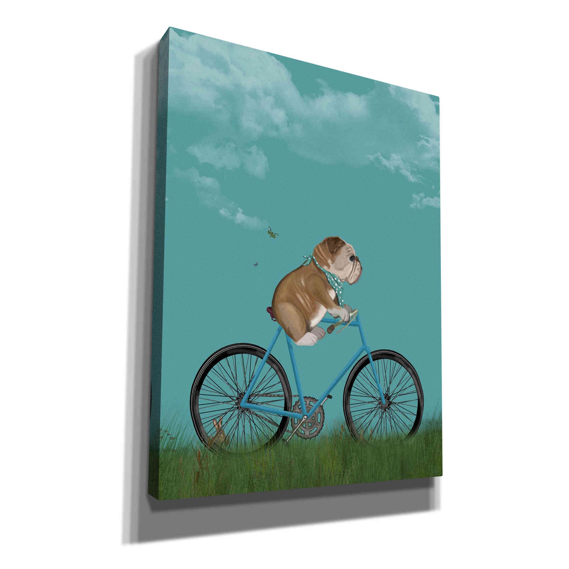 'English Bulldog on Bicycle - Sky' by Fab Funky Giclee Canvas Wall Art