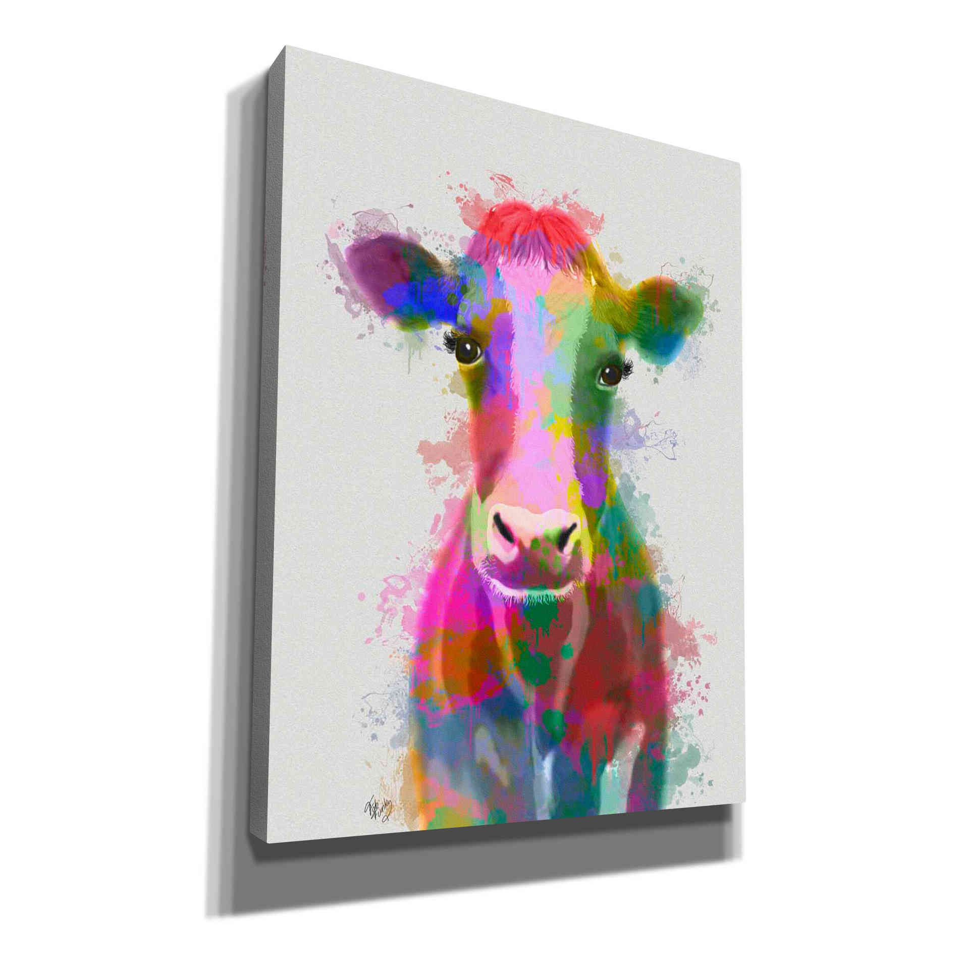 'Rainbow Splash Cow' by Fab Funky Giclee Canvas Wall Art