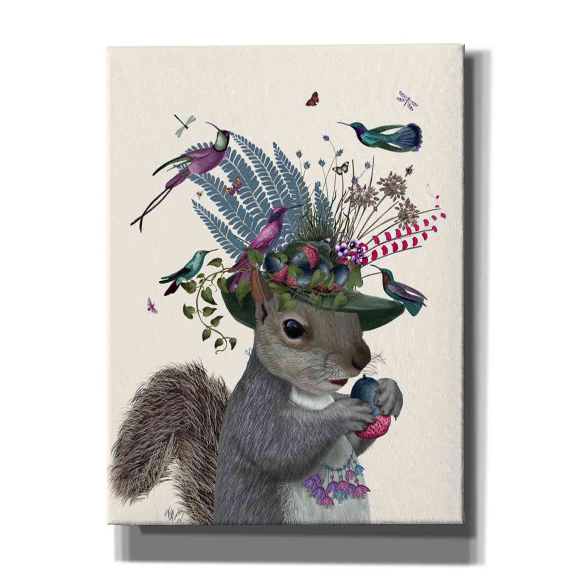 'Squirrel Birdkeeper and Blue Acorns' by Fab Funky Giclee Canvas Wall Art