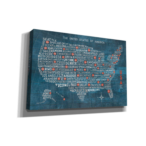 Image of 'US City Map on Wood Blue' by Michael Mullan, Canvas Wall Art