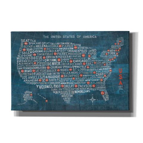 Image of 'US City Map on Wood Blue' by Michael Mullan, Canvas Wall Art