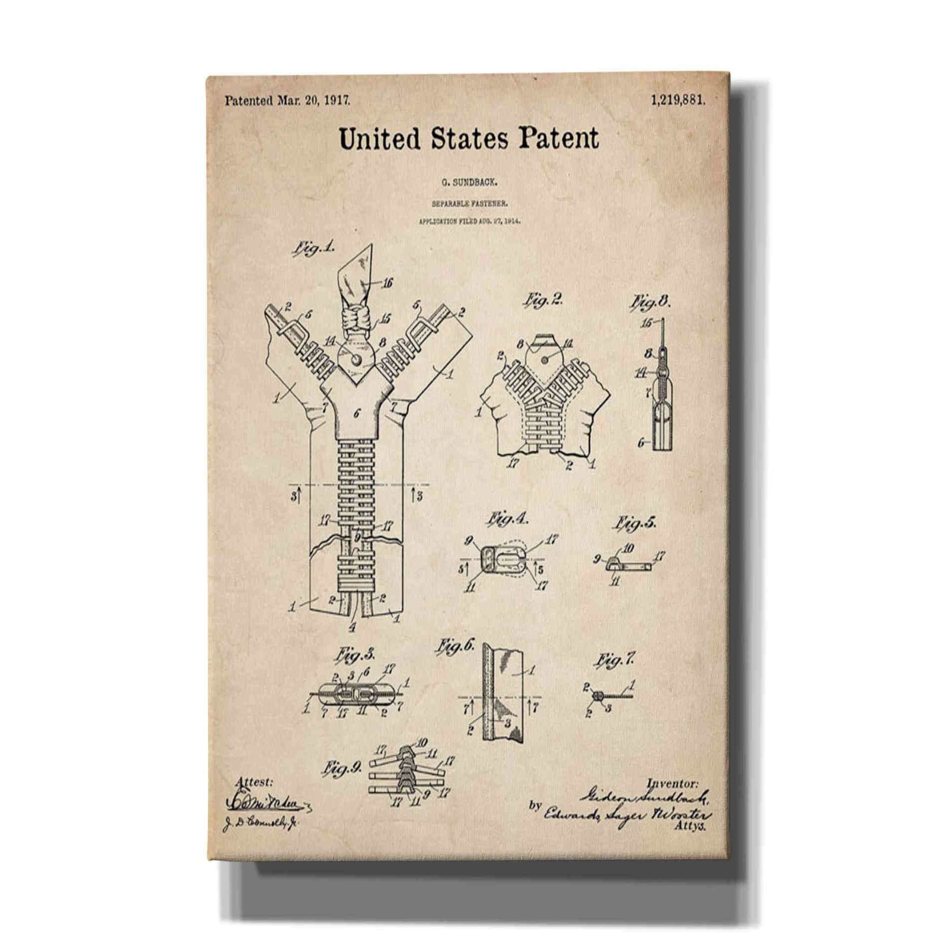 'Zipper Blueprint Patent Parchment' Canvas Wall Art,Size A Portrait