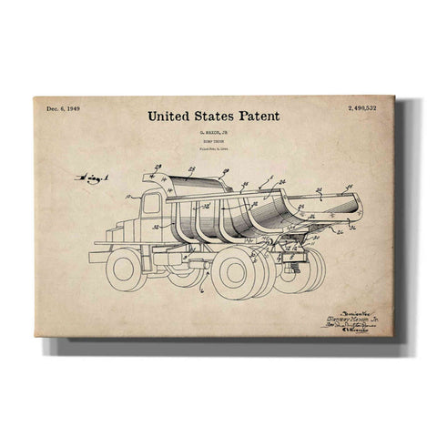 Image of 'Dump Truck Blueprint Patent Parchment' Canvas Wall Art,Size A Landscape