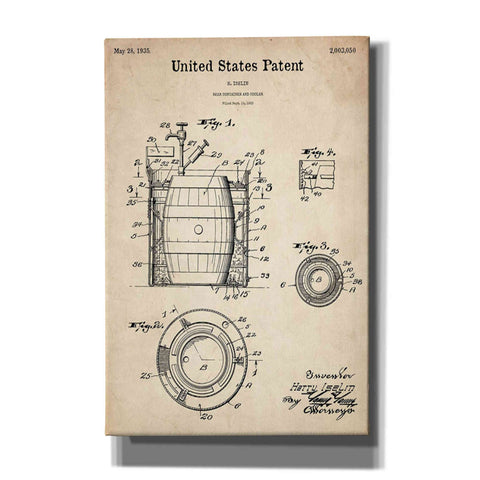 Image of 'Beer Container and Cooler Blueprint Patent Parchment' Canvas Wall Art,Size A Portrait