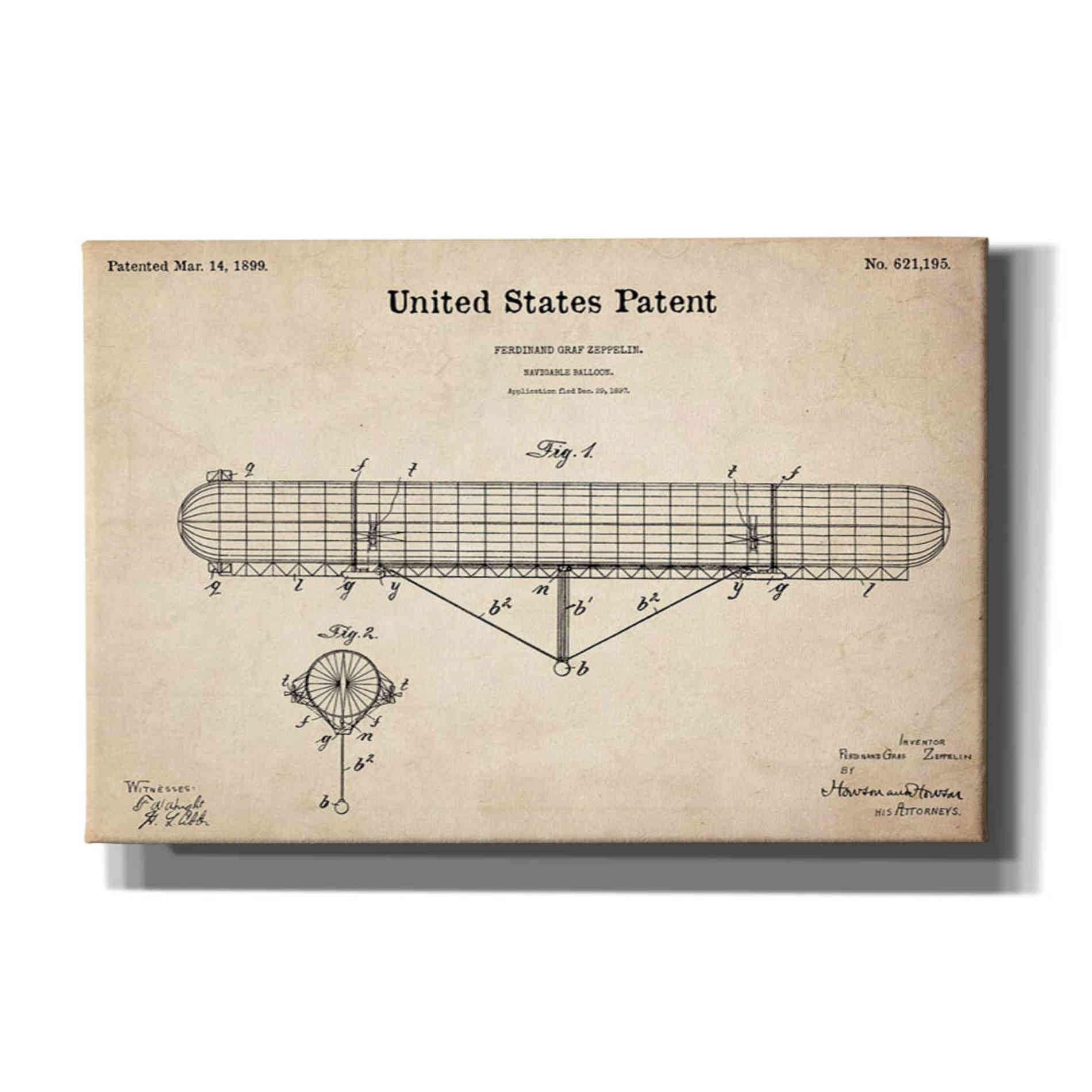'Navigable Balloon Blueprint Patent Parchment' Canvas Wall Art,Size A Landscape