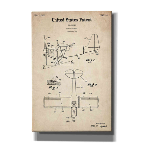 Image of 'High-Life Airplane Blueprint Patent Parchment' Canvas Wall Art,Size A Portrait