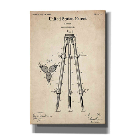 Image of 'Camera Tripod Blueprint Patent Parchment' Canvas Wall Art,Size A Portrait