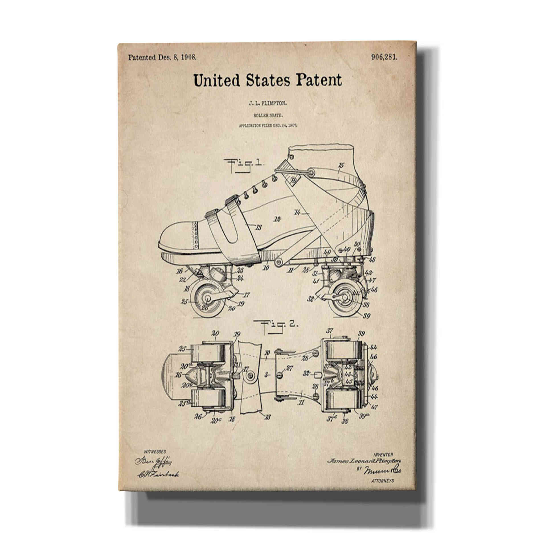 'Roller Skates Blueprint Patent Parchment' Canvas Wall Art,Size A Portrait