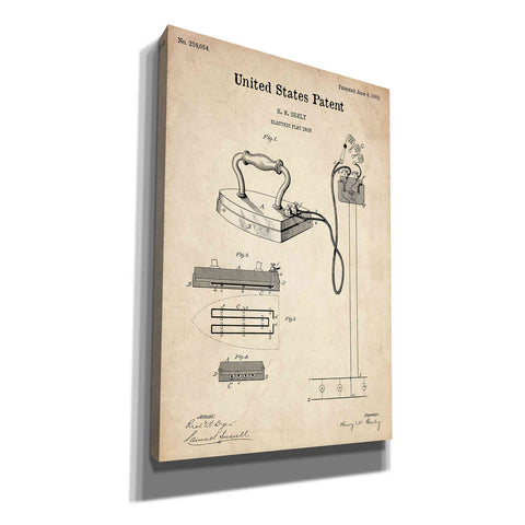 Image of 'Electric Flat Iron Blueprint Patent Parchment' Canvas Wall Art,Size A Portrait