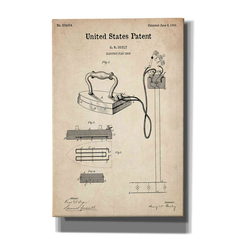 Image of 'Electric Flat Iron Blueprint Patent Parchment' Canvas Wall Art,Size A Portrait