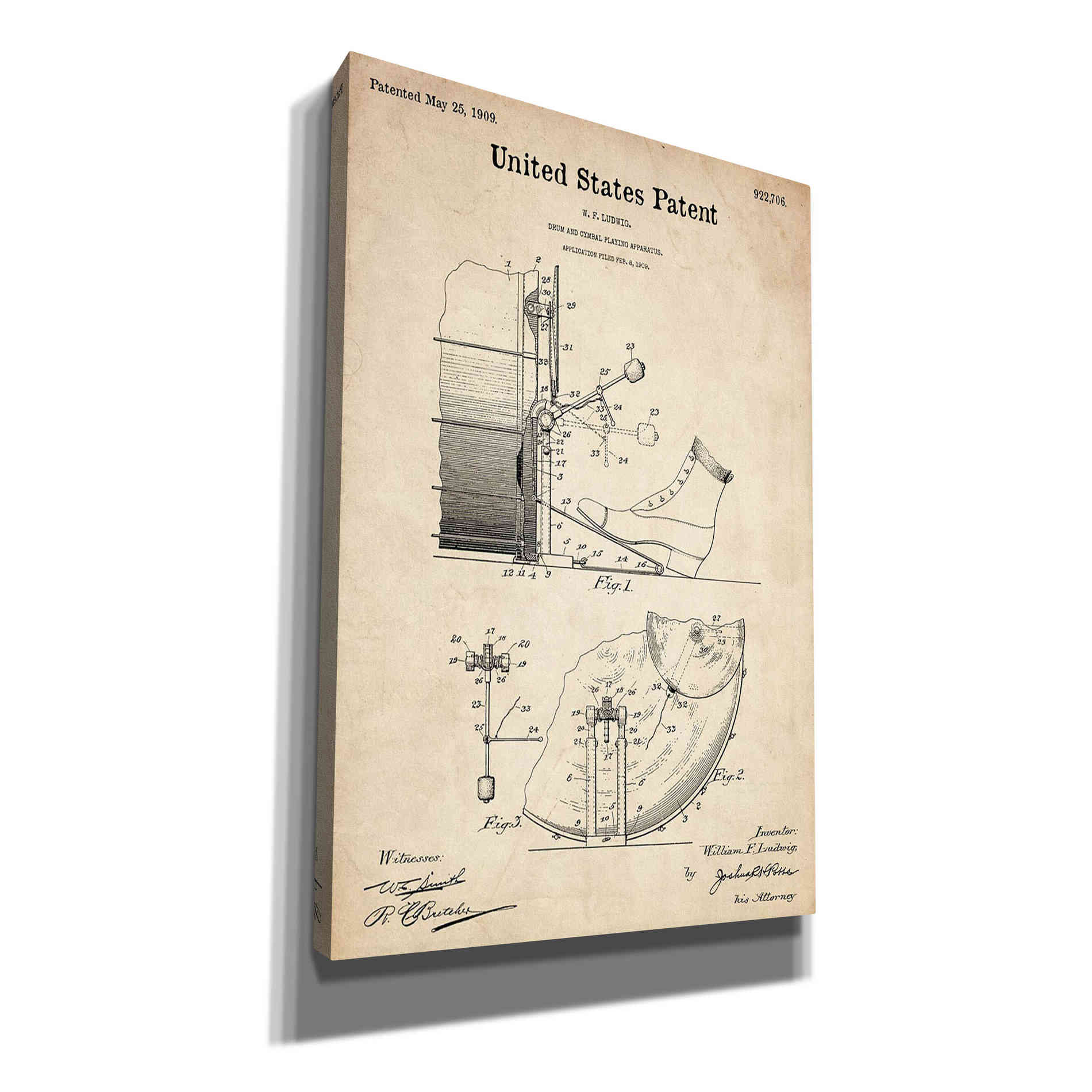 'Drum and Cymbal Blueprint Patent Parchment' Canvas Wall Art,Size A Portrait