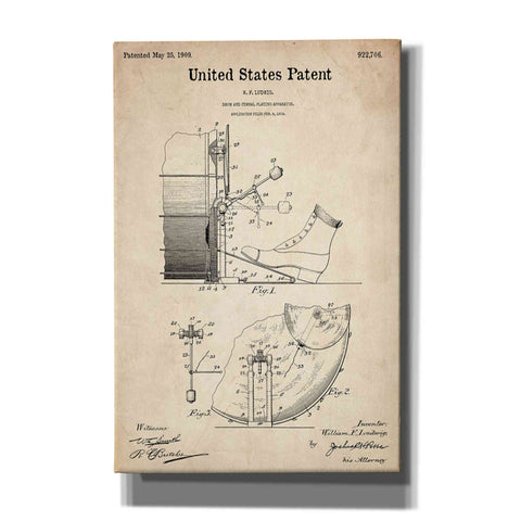 Image of 'Drum and Cymbal Blueprint Patent Parchment' Canvas Wall Art,Size A Portrait