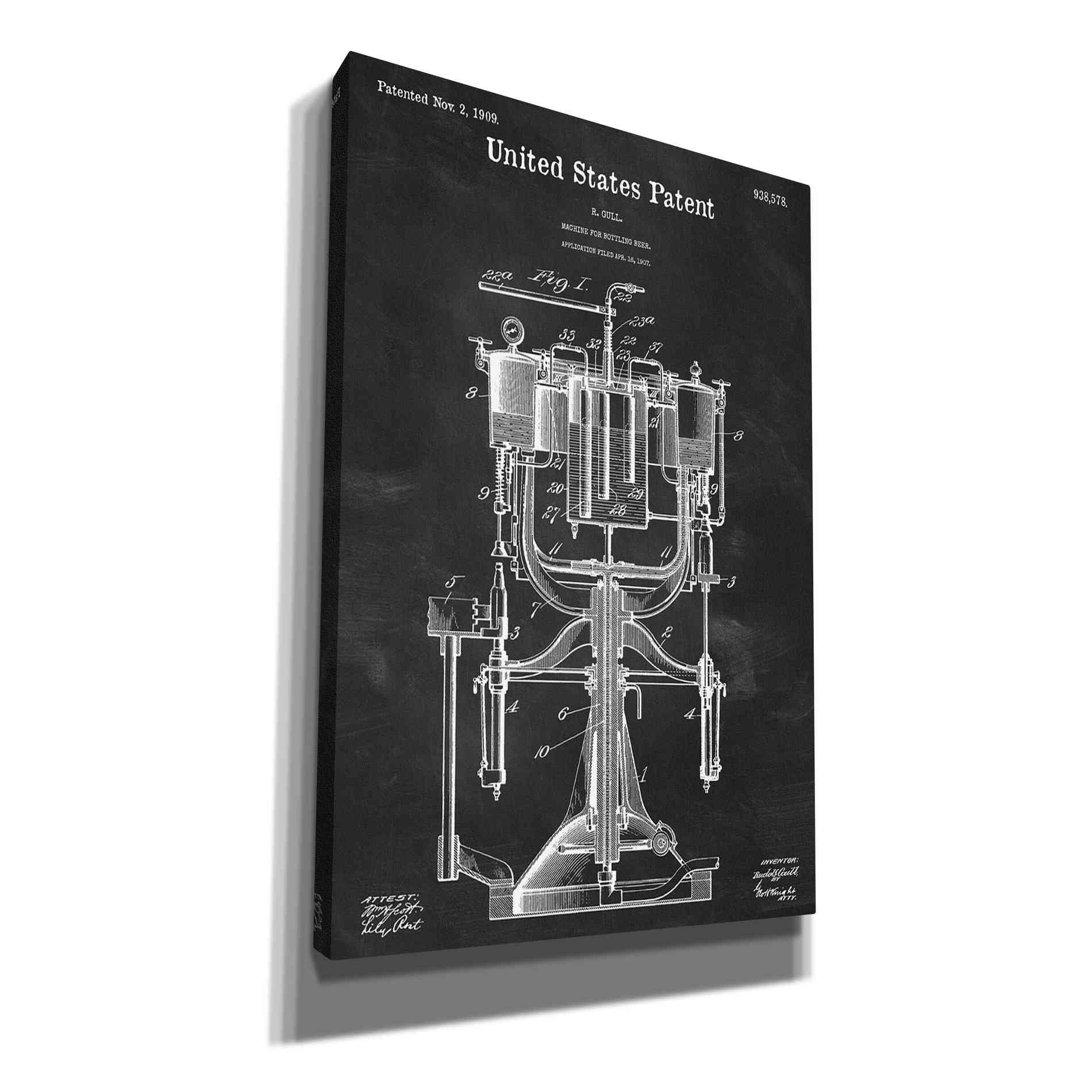 'Beer Bottling Machine Blueprint Patent Chalkboard' Canvas Wall Art,Size A Portrait