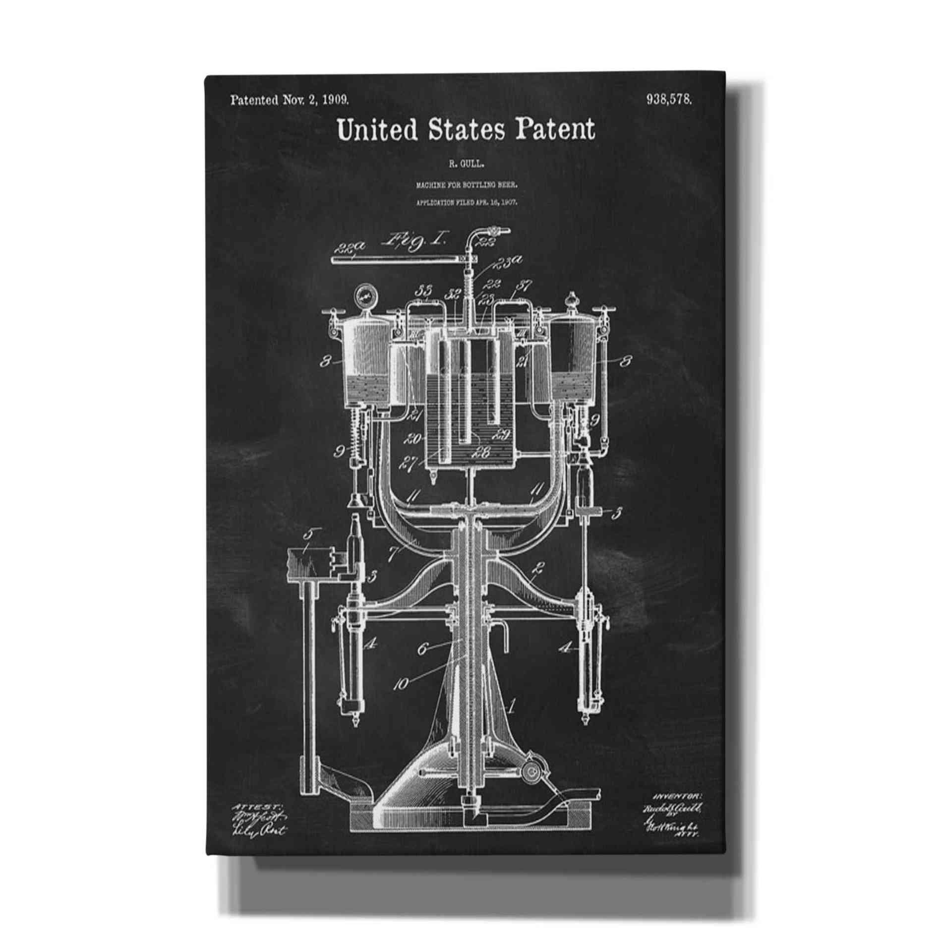 'Beer Bottling Machine Blueprint Patent Chalkboard' Canvas Wall Art,Size A Portrait